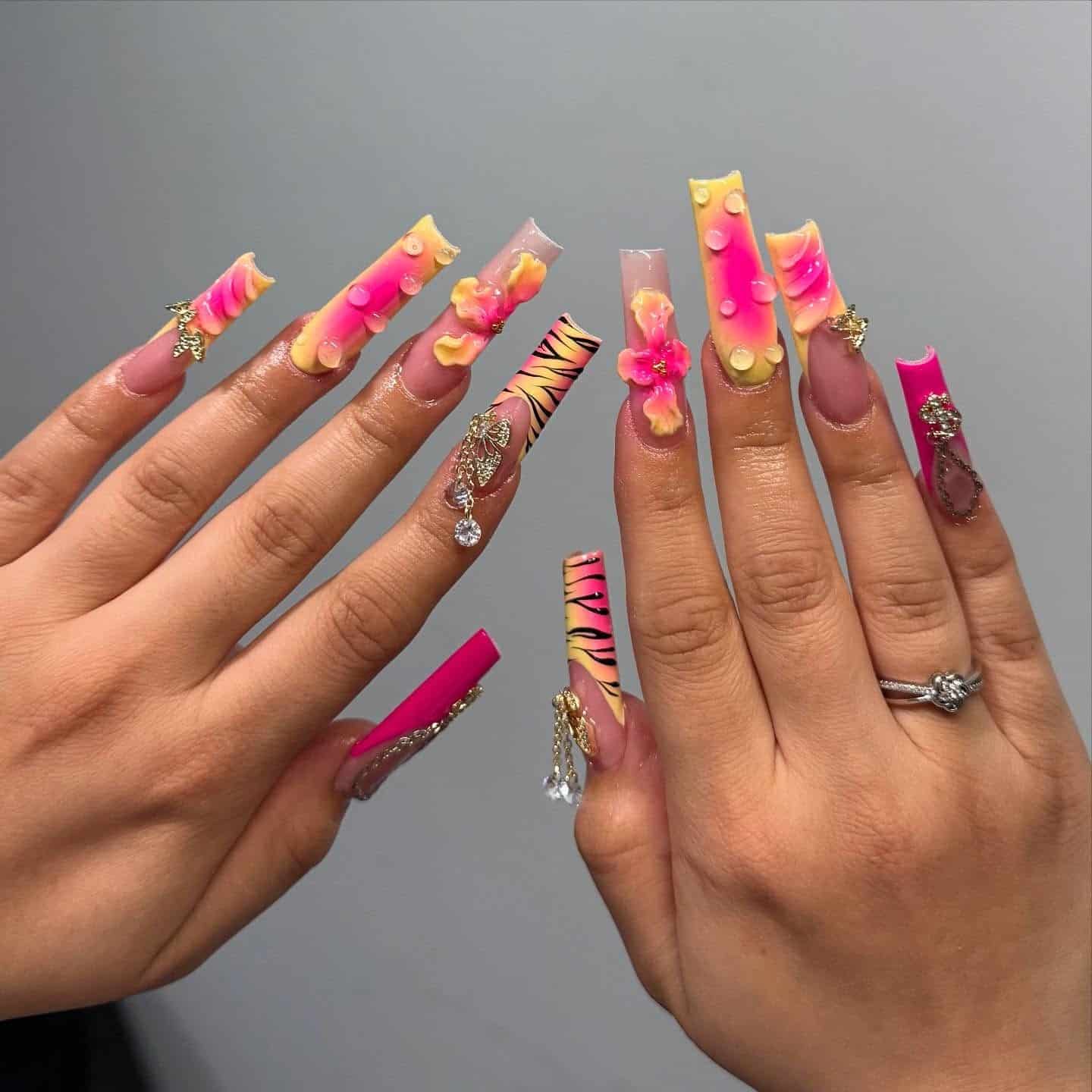 18. Maximalist Glam Coffin Set - pink and yellow nail ideas