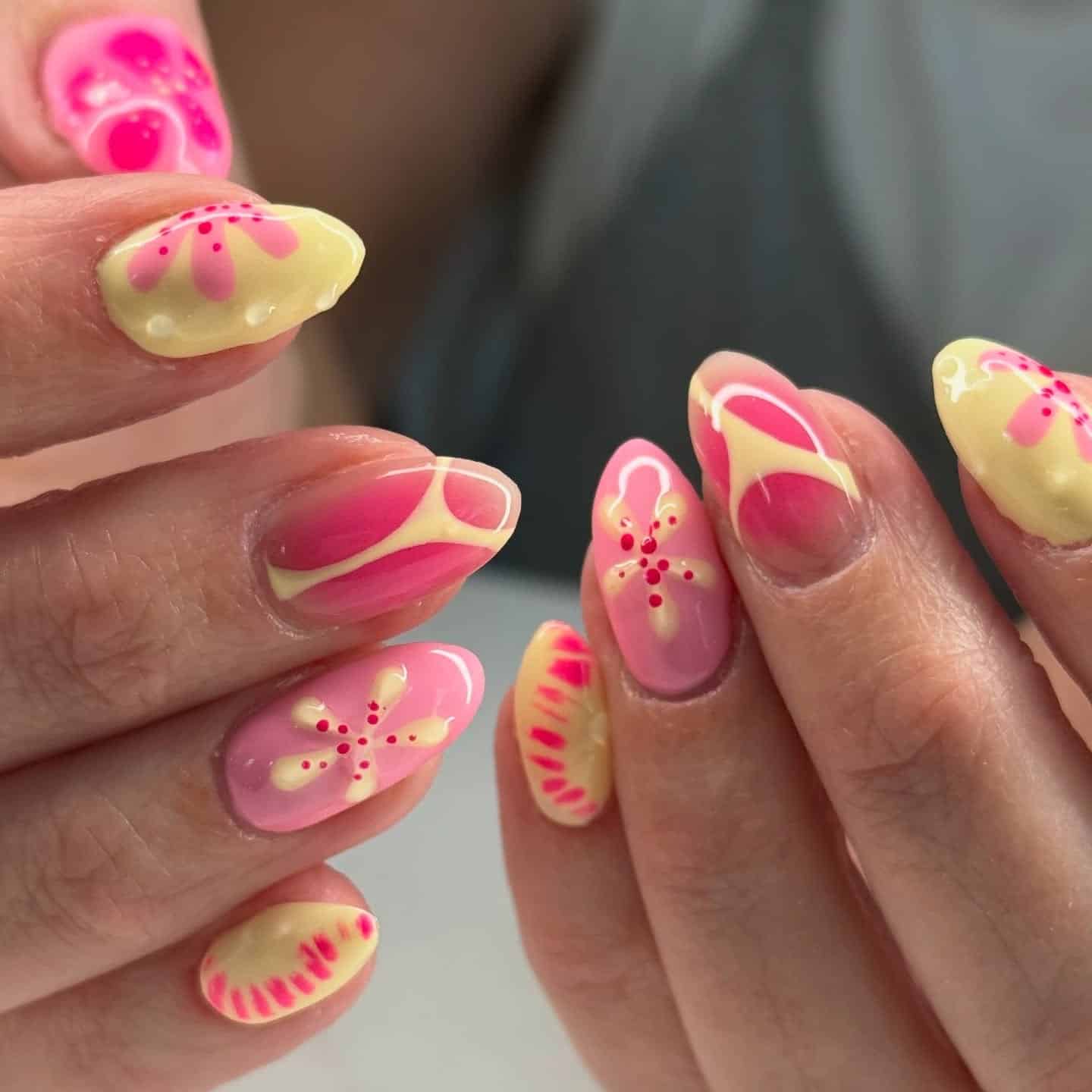 19. Blooming Petal Art - pink and yellow nail ideas