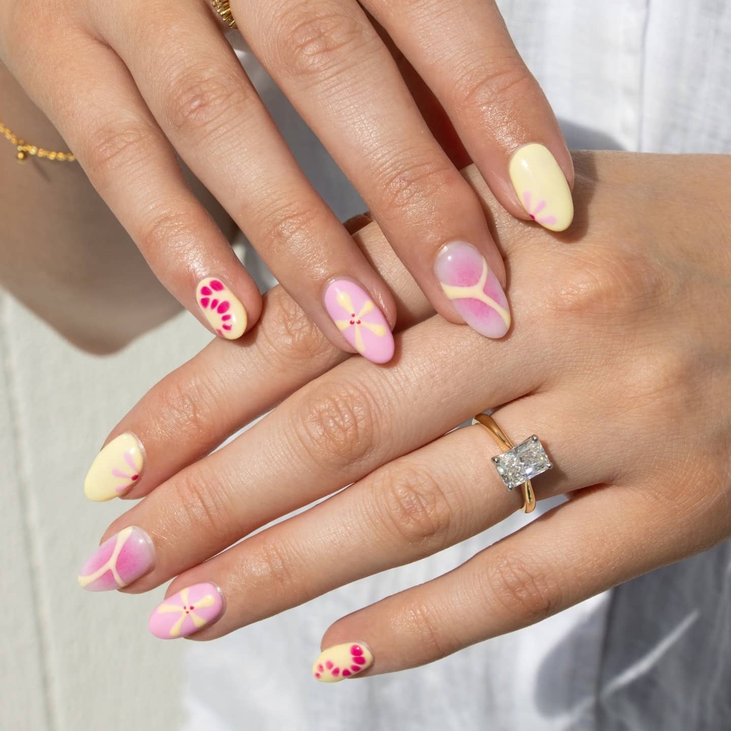 20. Soft Petal Harmony - pink and yellow nail ideas