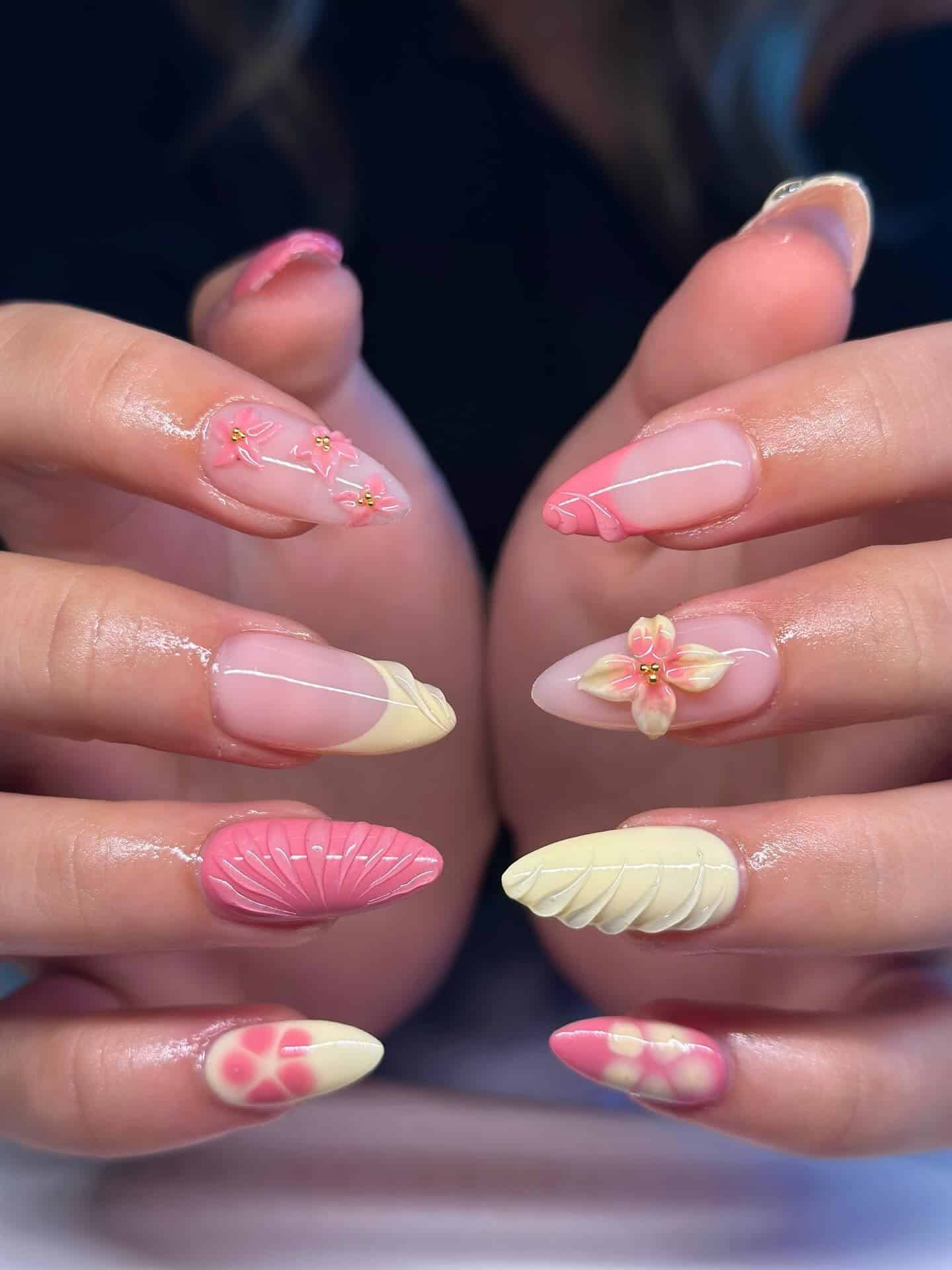 21. 3D Blossom Art with Pastel Balance - pink and yellow nail ideas