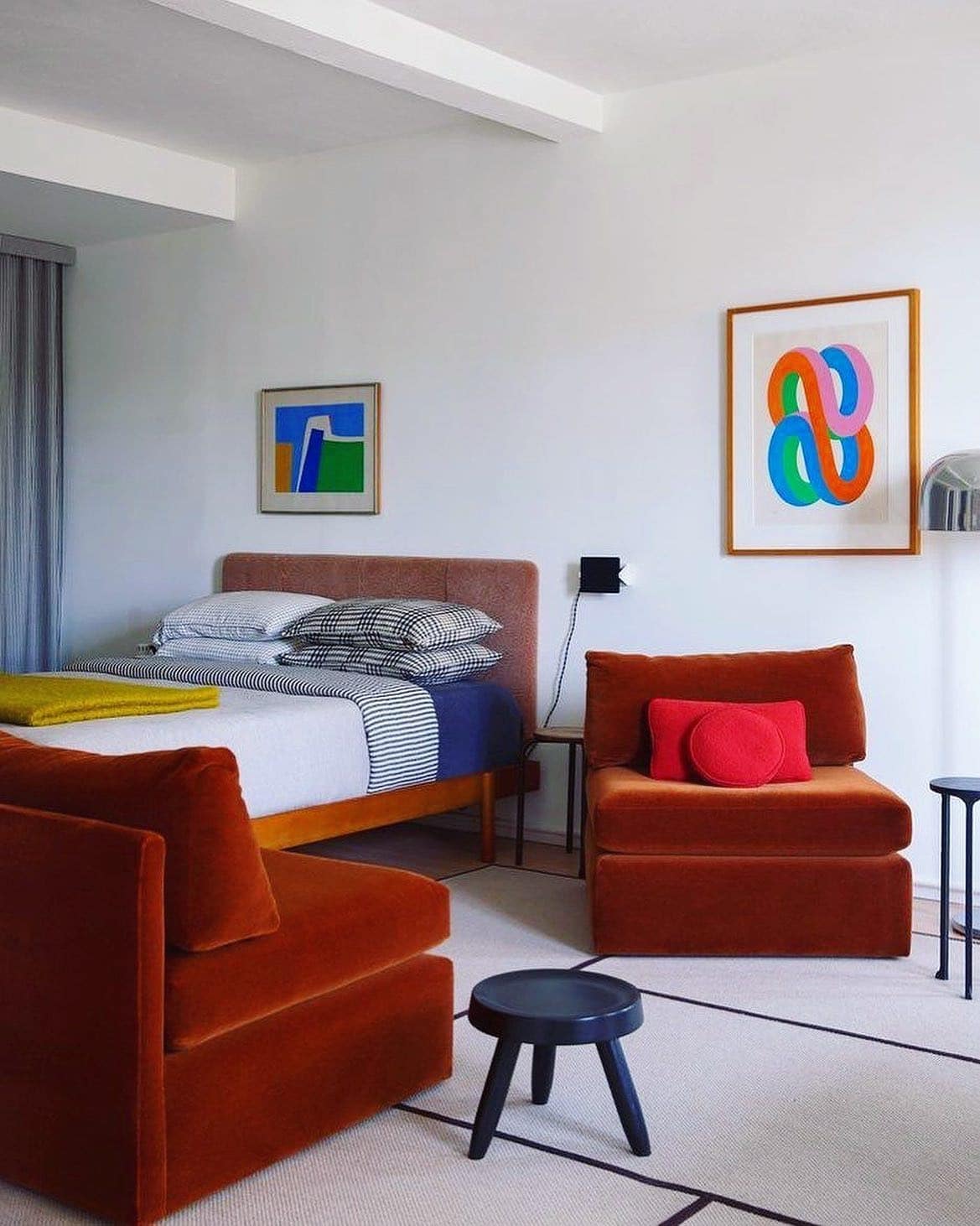 9. Retro Color Play with Rust and Blue - jazz bedroom ideas