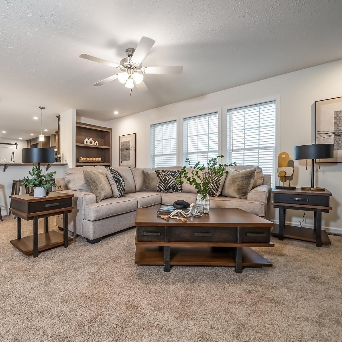 17. Transitional Style with Rich Woods - mobile home living room ideas