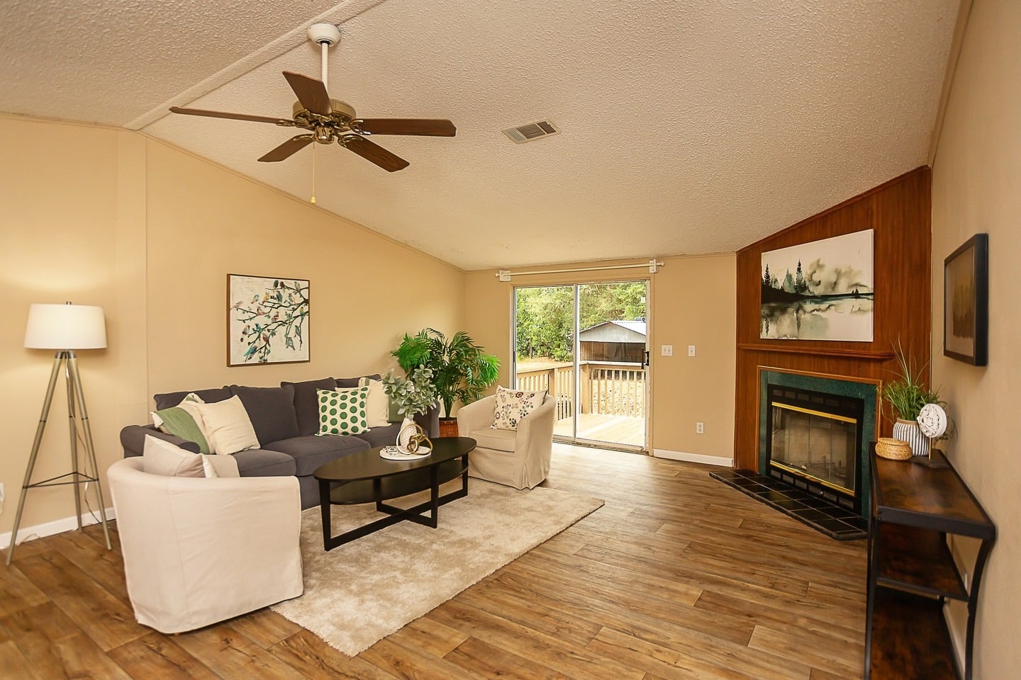 22. Warm Neutrals with Fireplace Focus - mobile home living room ideas