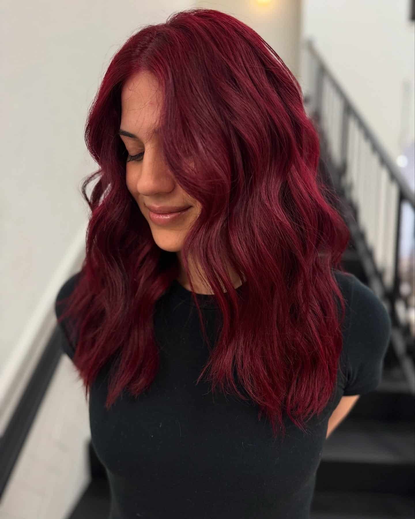 8. Textured Cherry Red Lob - Cherry Red Hair Color