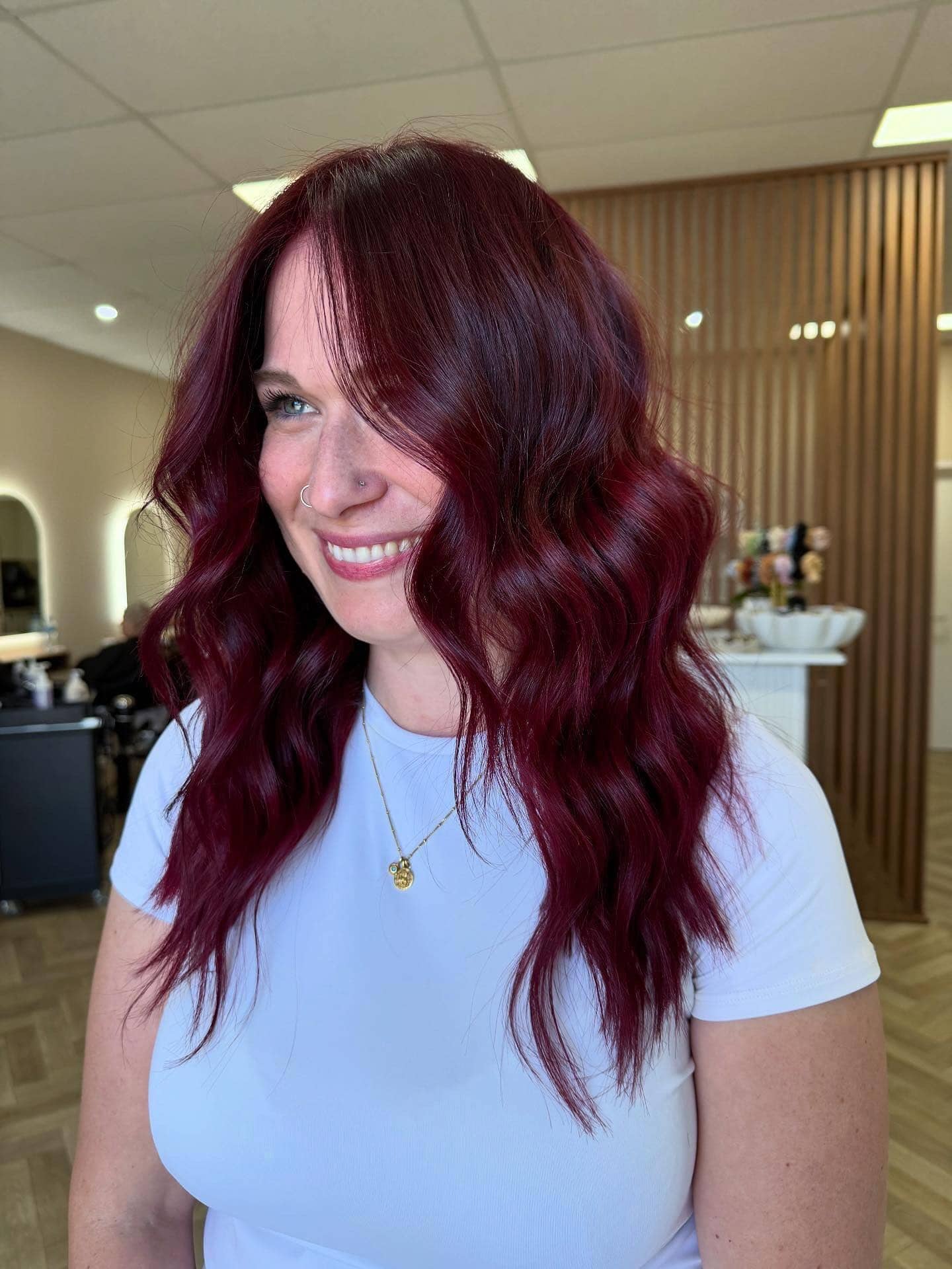 13. Cherry Red Medium Length with Defined Waves - Cherry Red Hair Color
