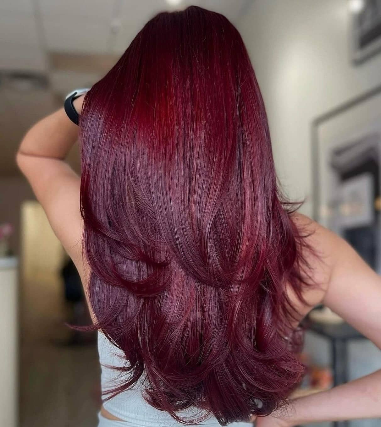 19. Layered Cherry Red with Silky Volume - Cherry Red Hair Color