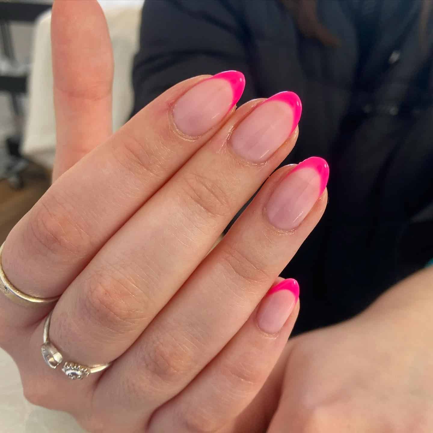 4. Bright Pink Classic French Almond - pink tip nail ideas
