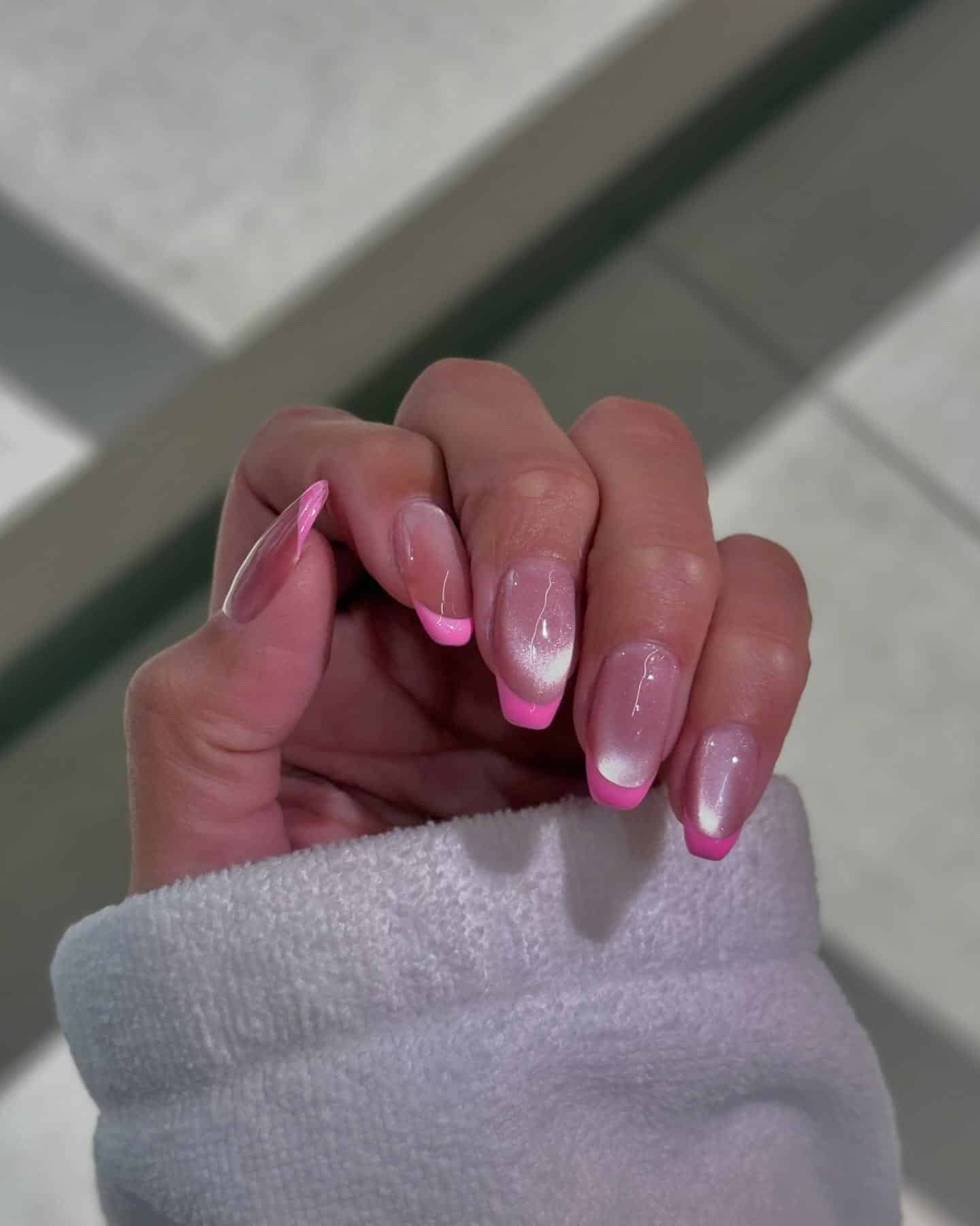 6. Soft Shimmer Pink Gradient French - pink tip nail ideas