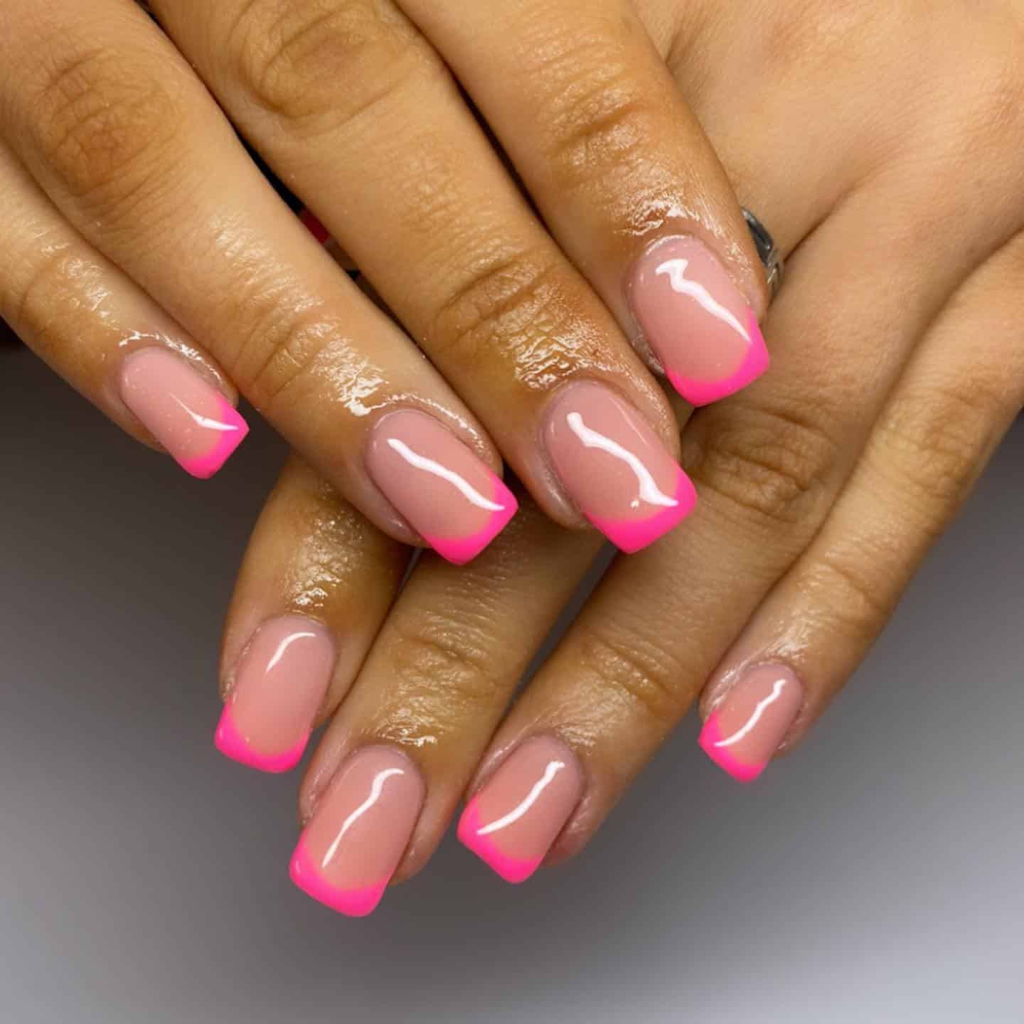 9. Short Square Neon French - pink tip nail ideas