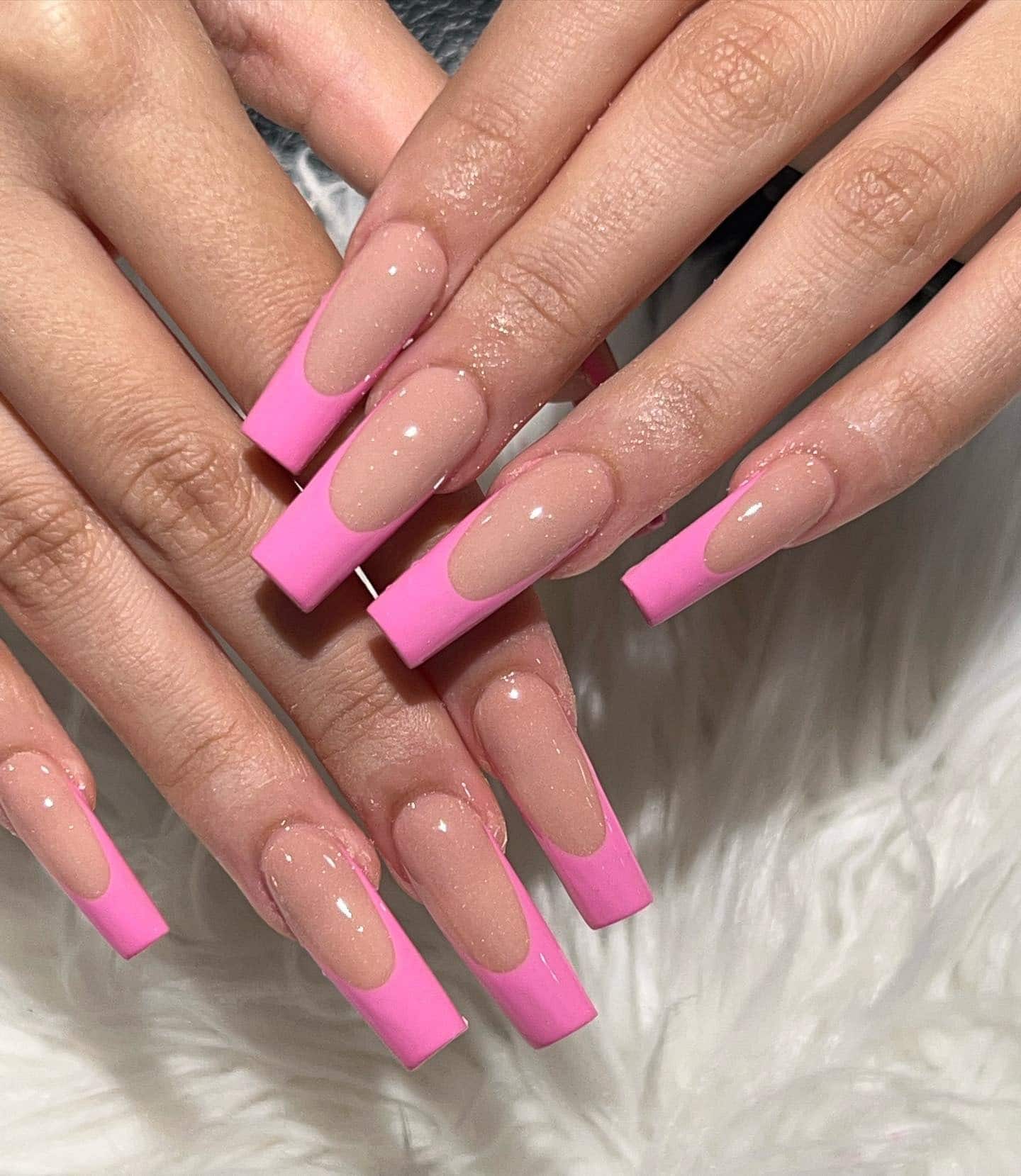 10. Long Coffin Pink French Statement - pink tip nail ideas