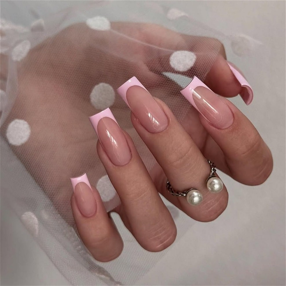 12. Soft Square Baby Pink French - pink tip nail ideas
