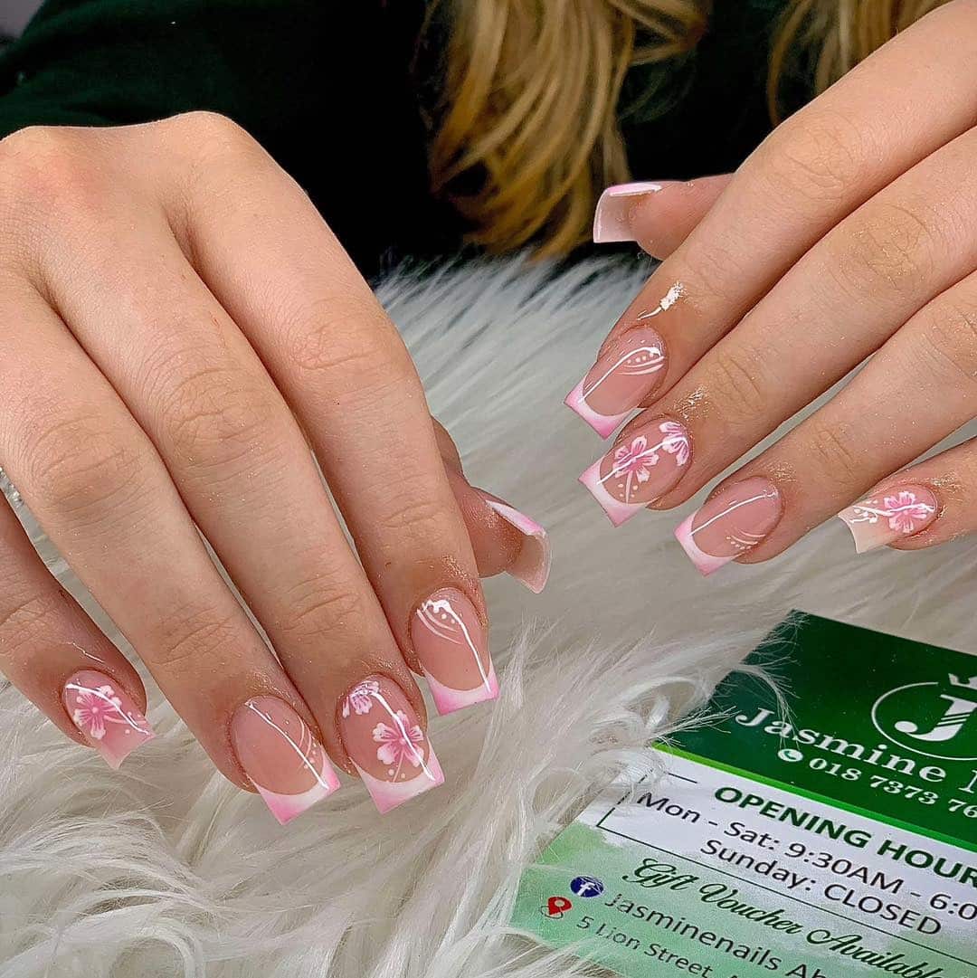 14. Square French with Floral Accents - pink tip nail ideas