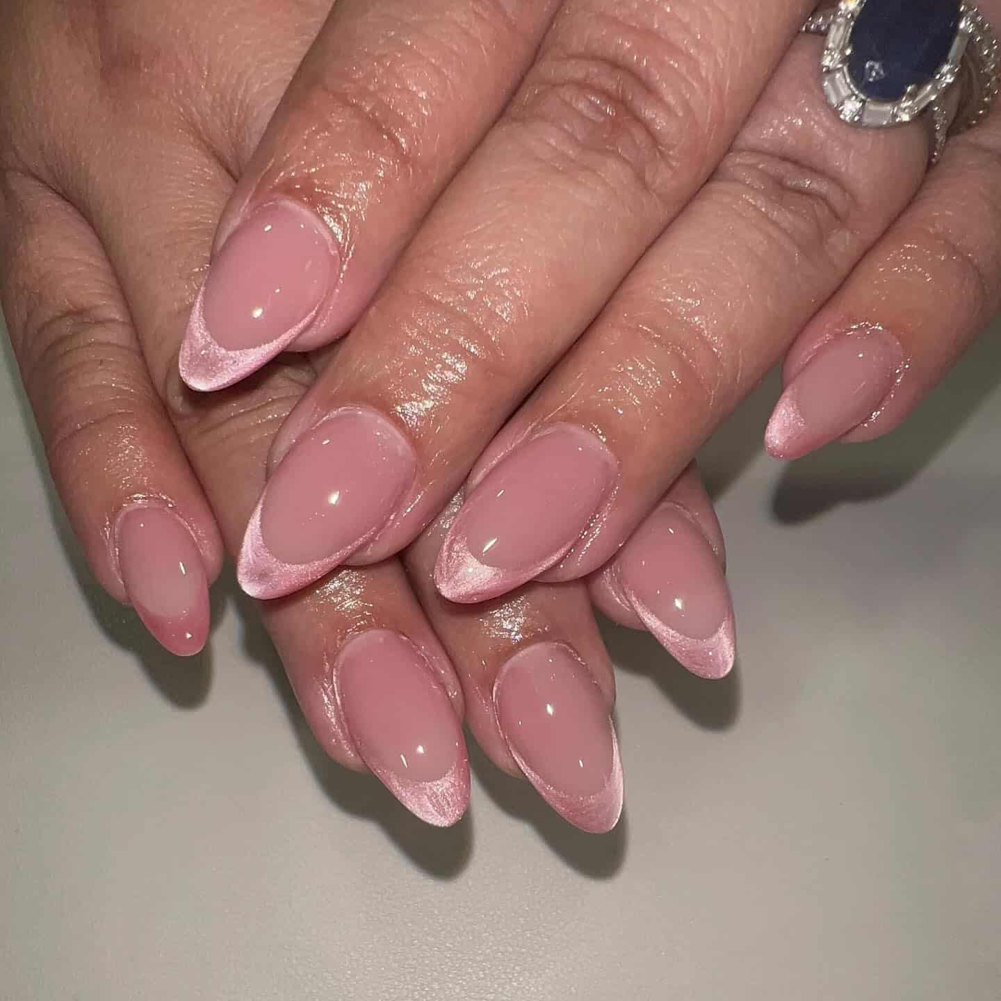 15. Shimmer Pink Almond French - pink tip nail ideas