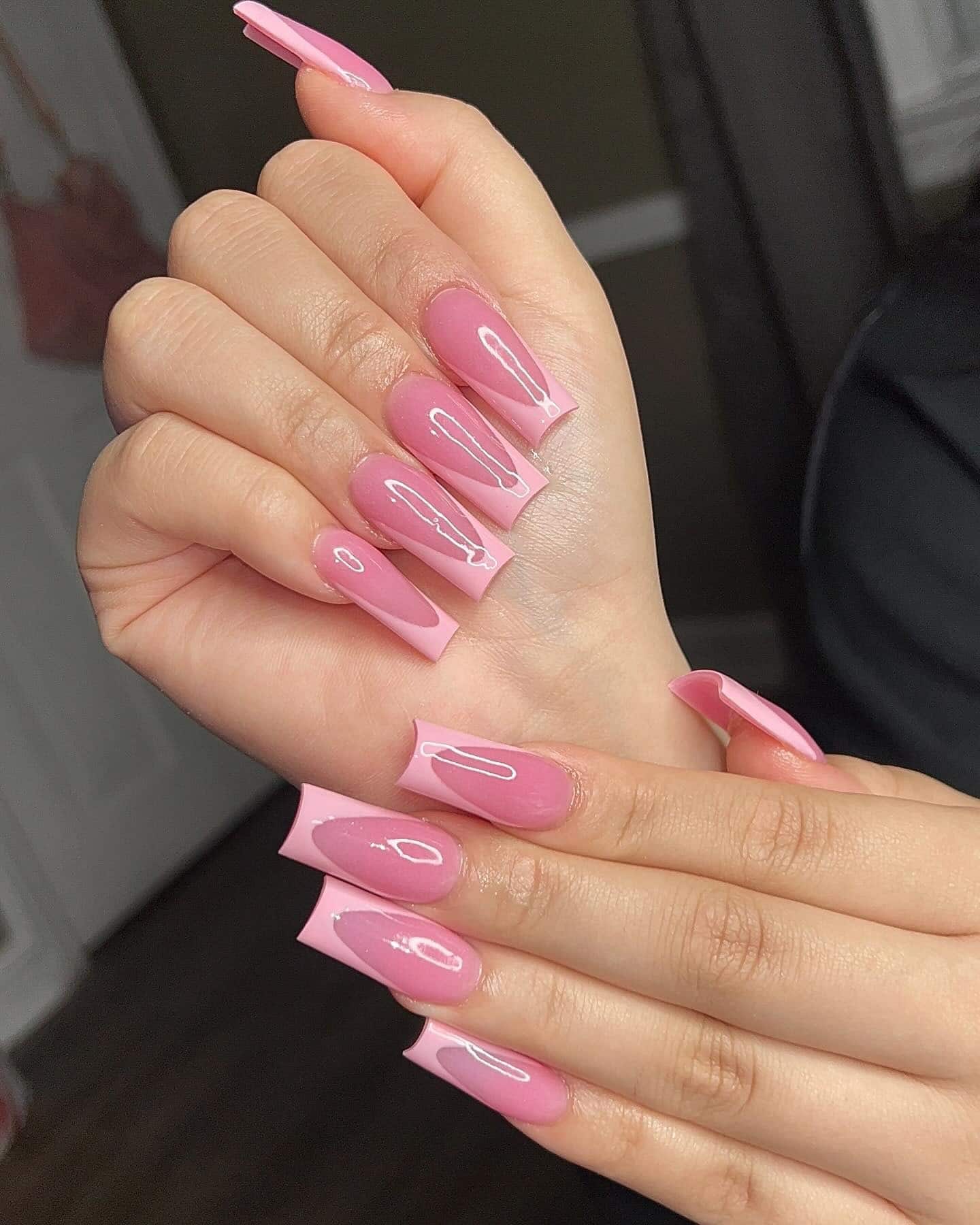 17. Glossy Long Coffin Baby Pink French - pink tip nail ideas