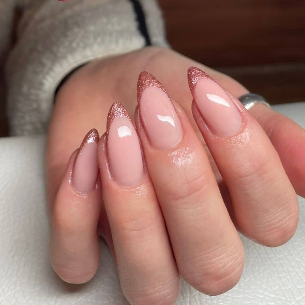 18. Rose Glitter French Almond - pink tip nail ideas