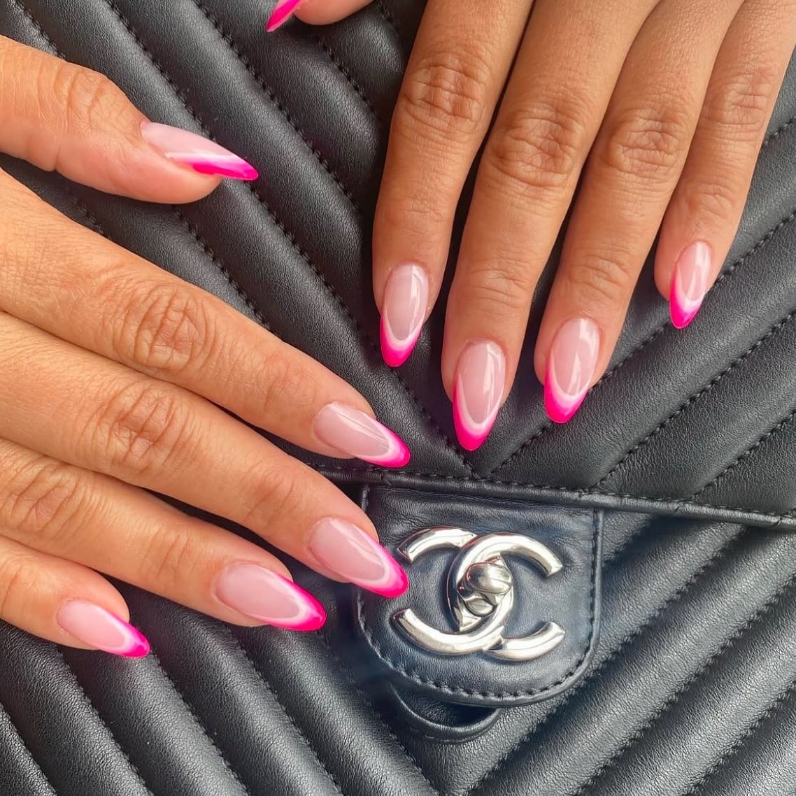 19. Bright Neon Almond French - pink tip nail ideas