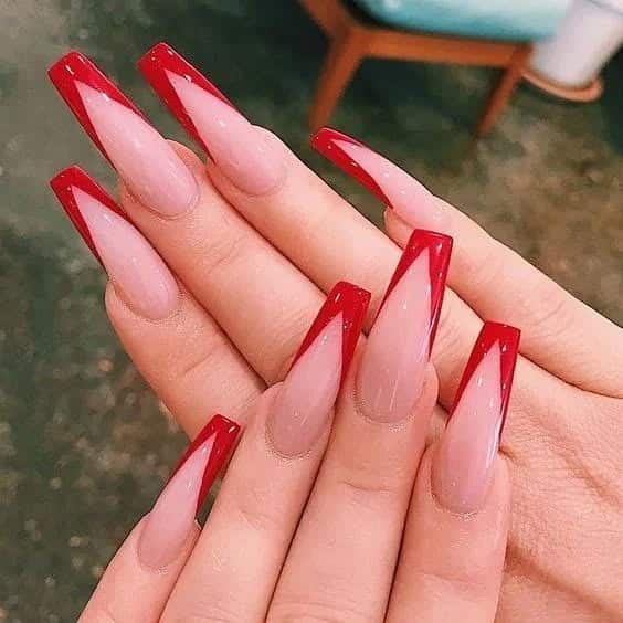 1. Red French Coffin with Angular Tips - red coffin nail ideas