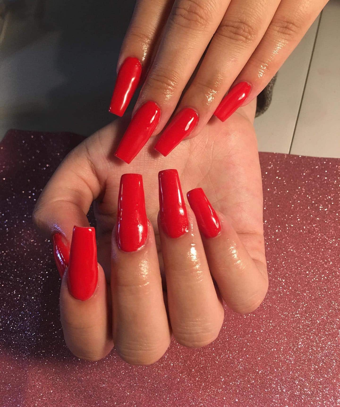 5. Candy Apple Red Coffin - red coffin nail ideas