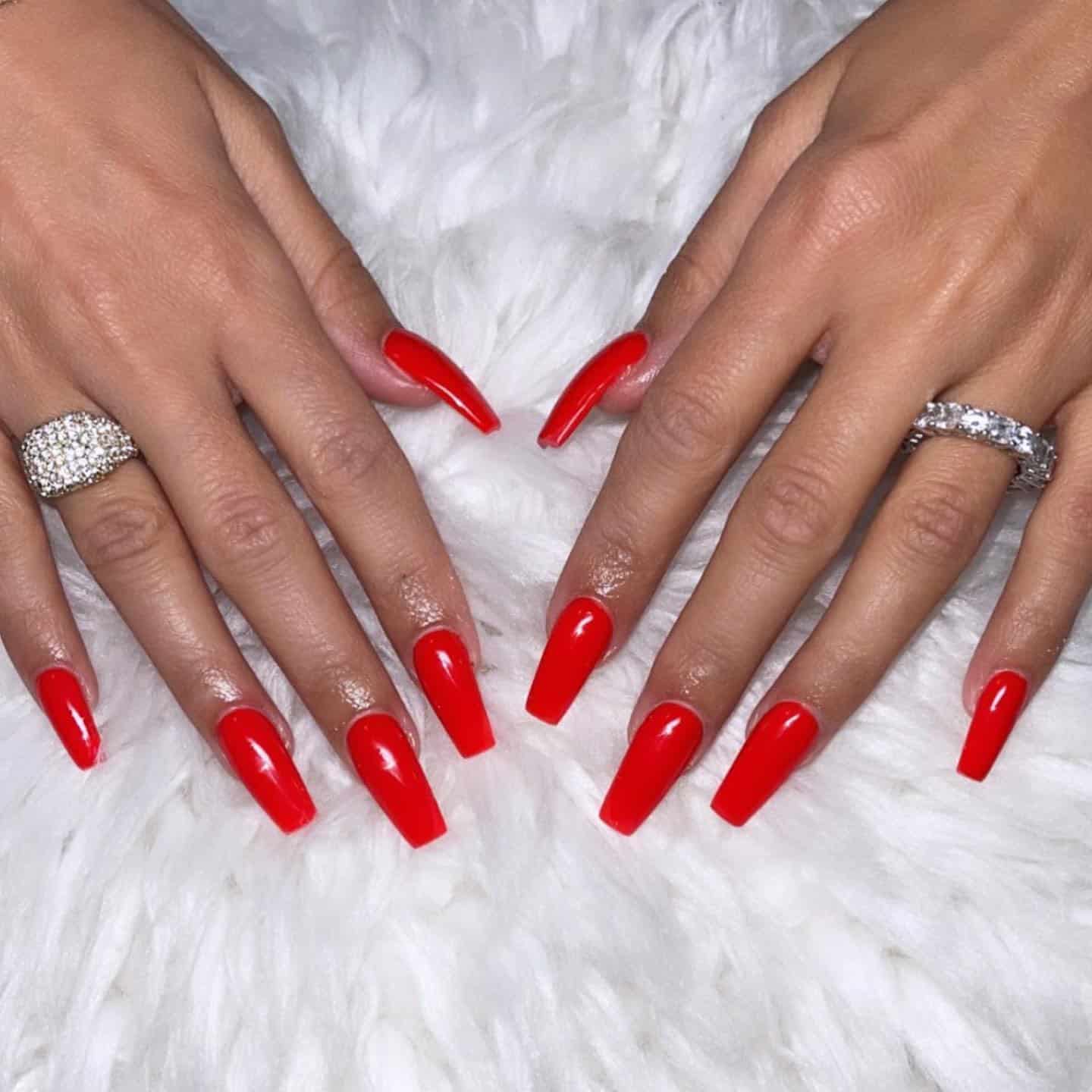 10. Bright Cherry Red Coffin - red coffin nail ideas
