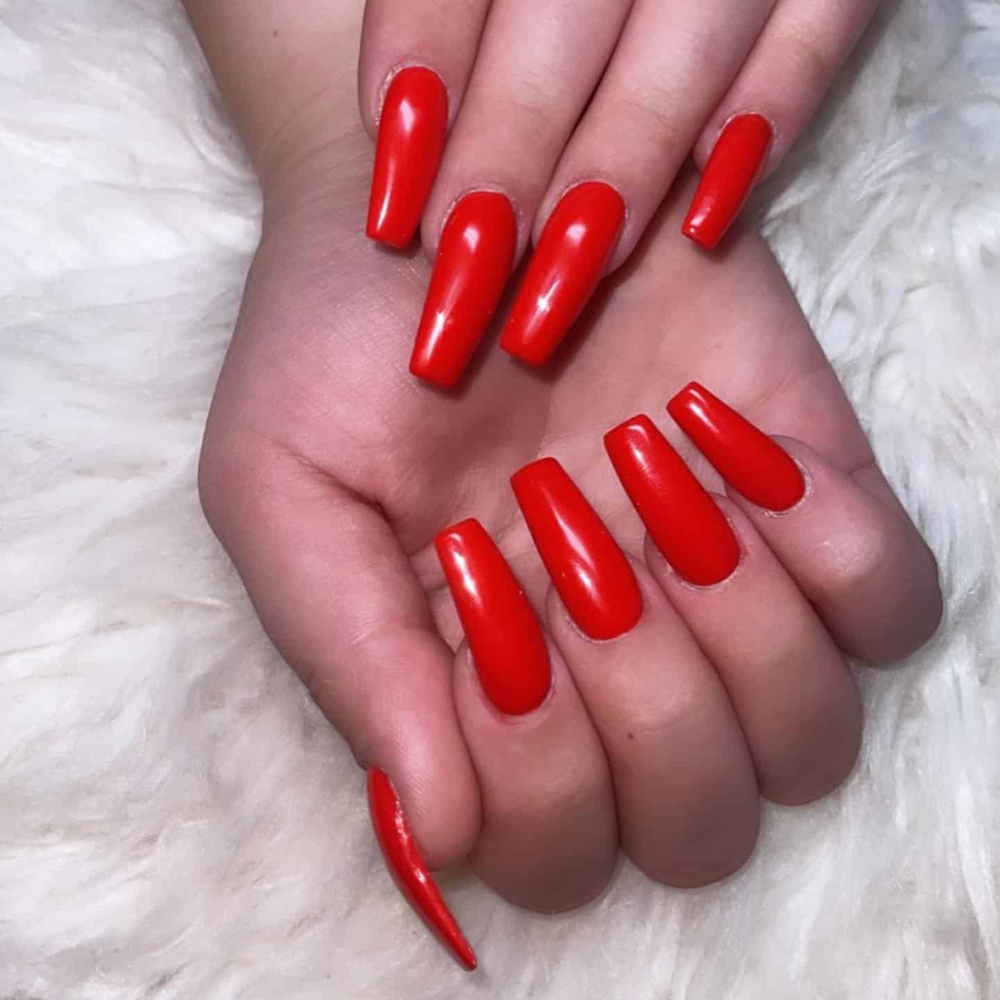 12. Bold Crimson Coffin - red coffin nail ideas