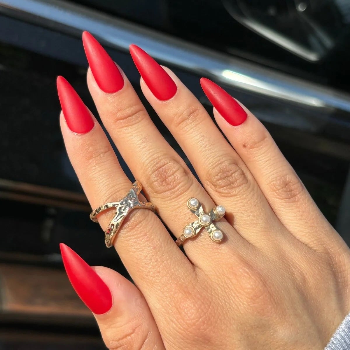 14. Matte Red Stiletto Coffin - red coffin nail ideas