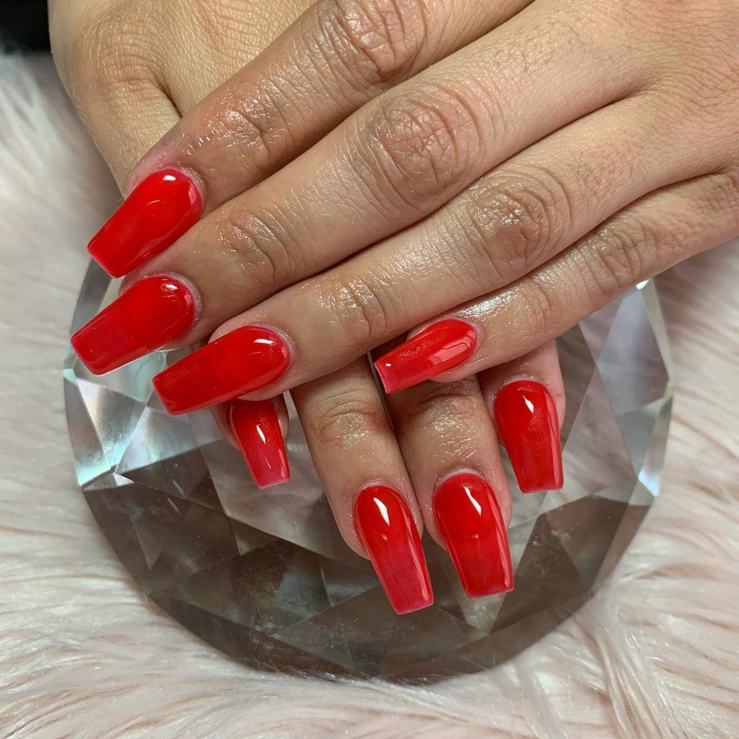 15. Glossy Red Square Coffin - red coffin nail ideas