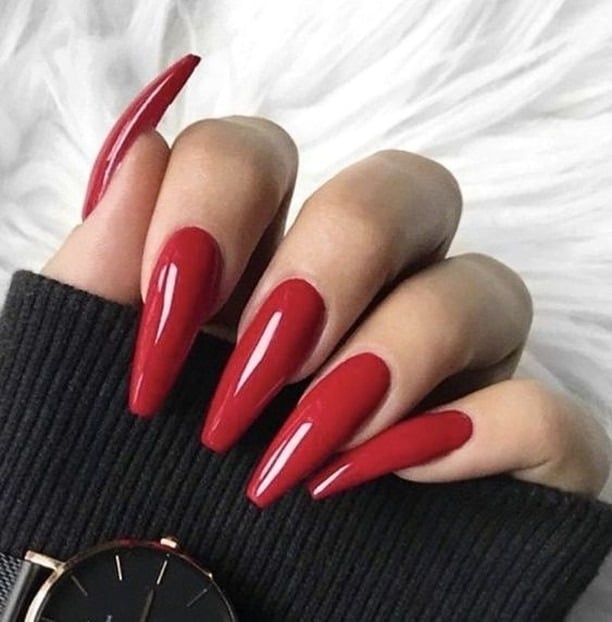 16. Deep Ruby Coffin Elegance - red coffin nail ideas