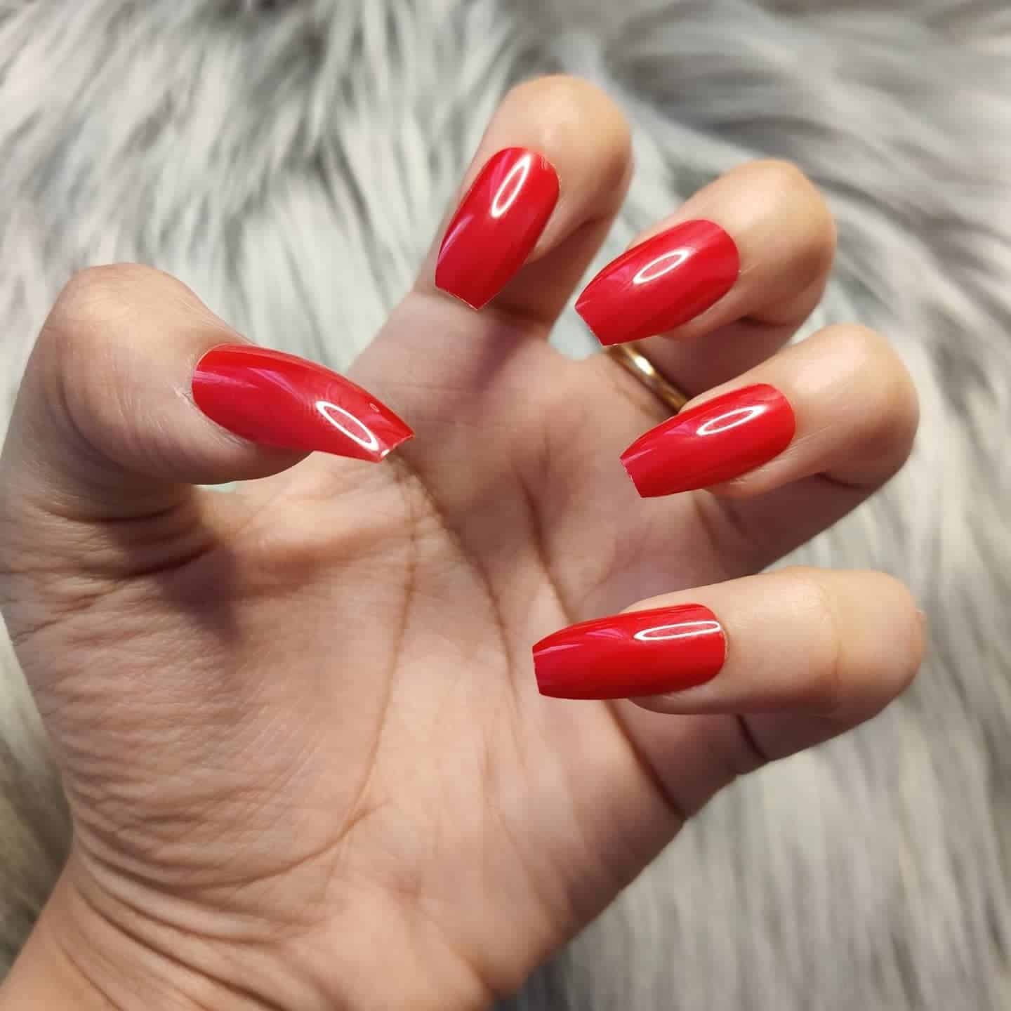 17. Cherry Red Short Coffin - red coffin nail ideas