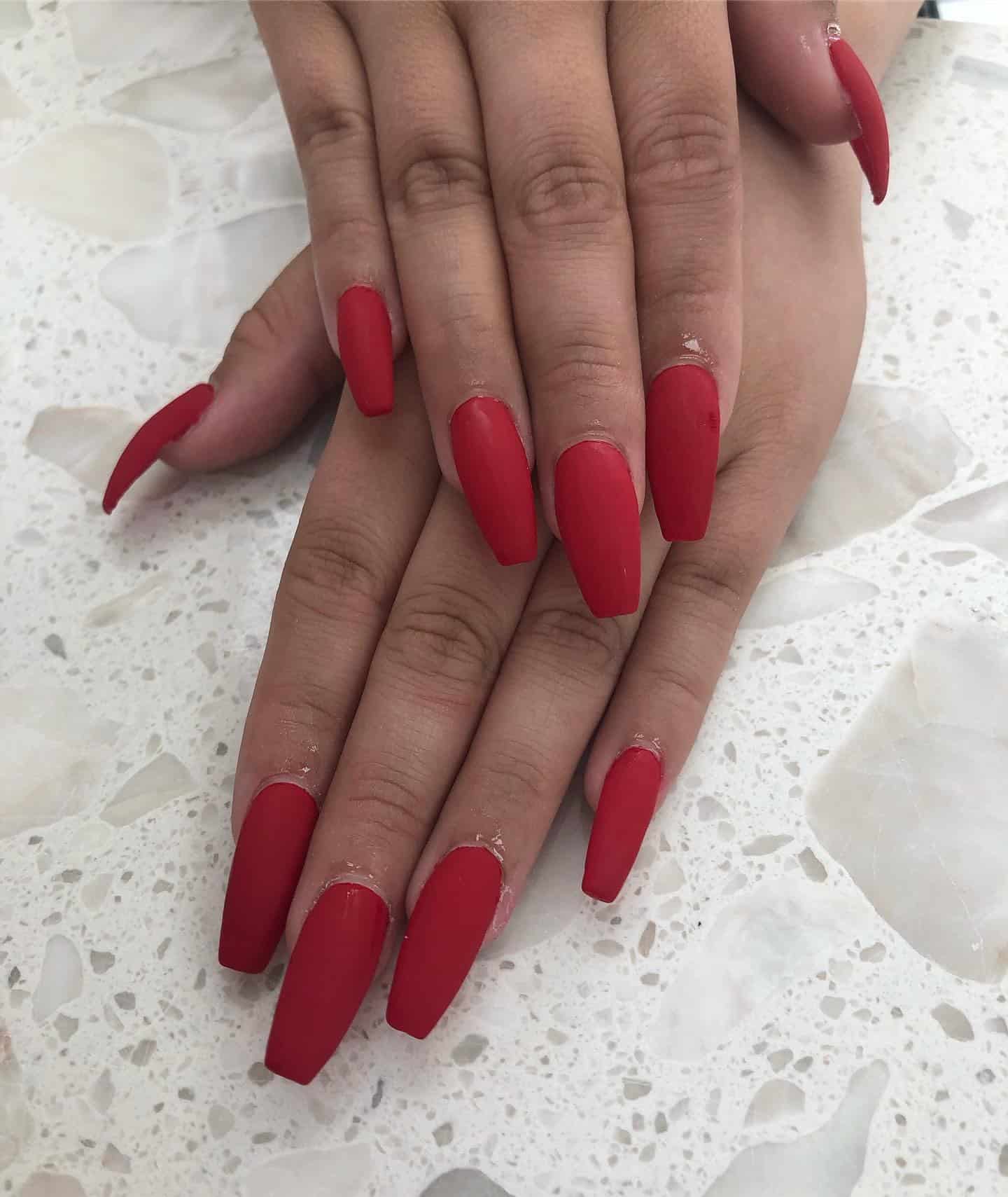 19. Matte Cherry Coffin - red coffin nail ideas