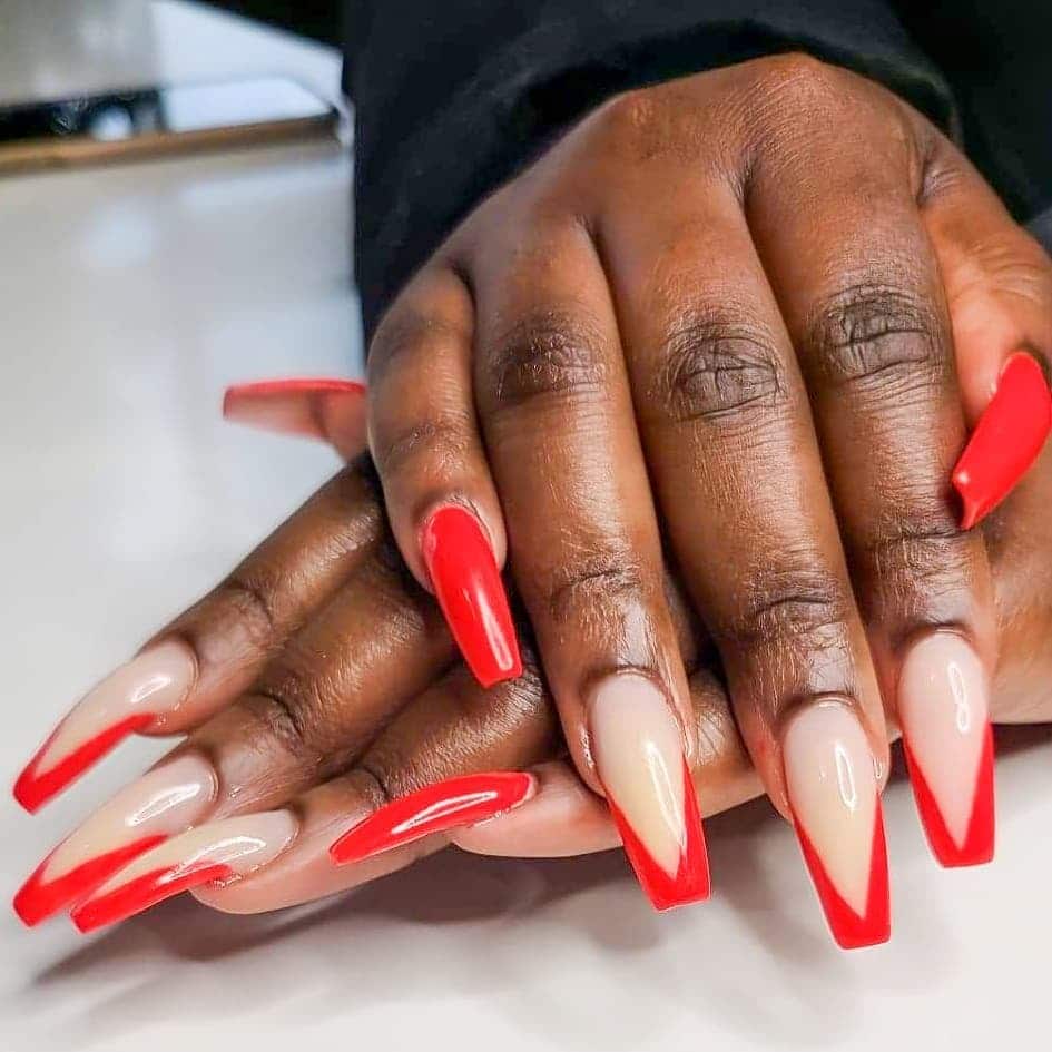 20. V-Cut French Red Coffin - red coffin nail ideas
