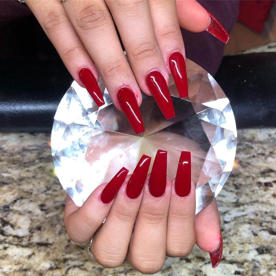 21. Deep Wine Red Coffin - red coffin nail ideas