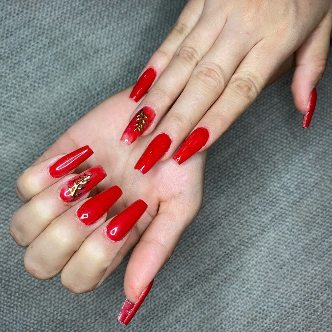 22. Red Coffin with Gold Leaf Accents - red coffin nail ideas
