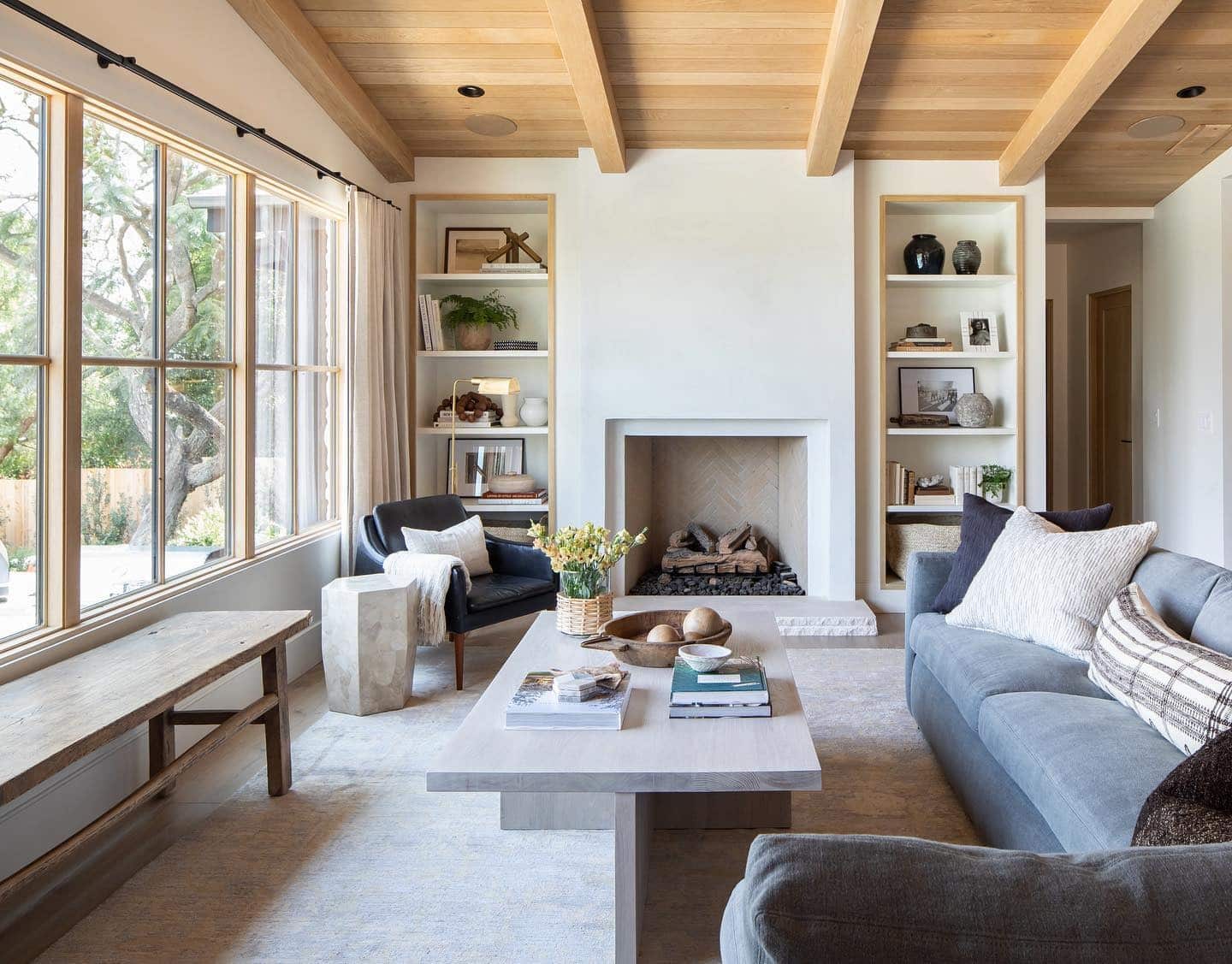 8. Soft Balance with Wood Accents - stone fireplace living room ideas