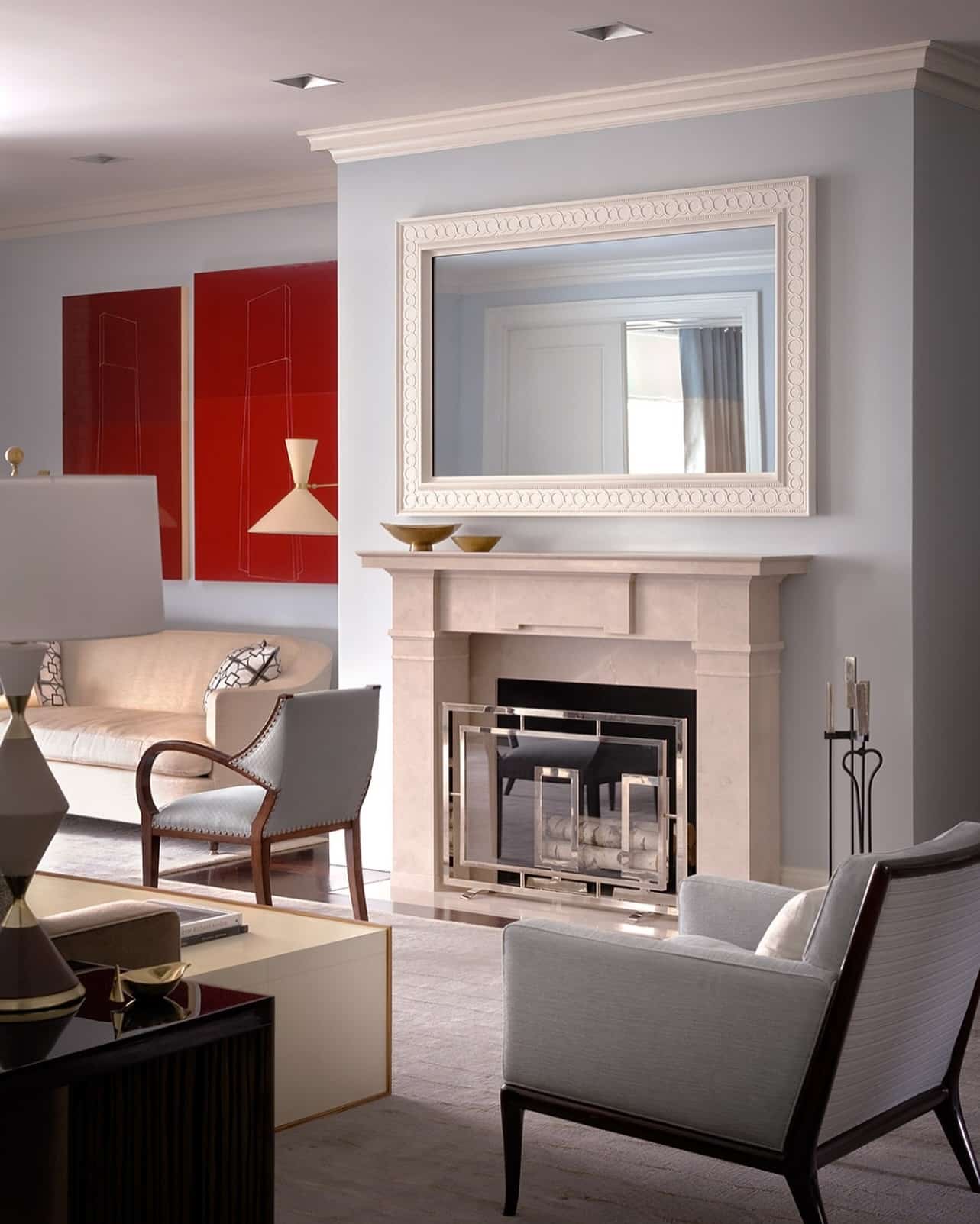 9. Refined Symmetry with Contemporary Stone - stone fireplace living room ideas