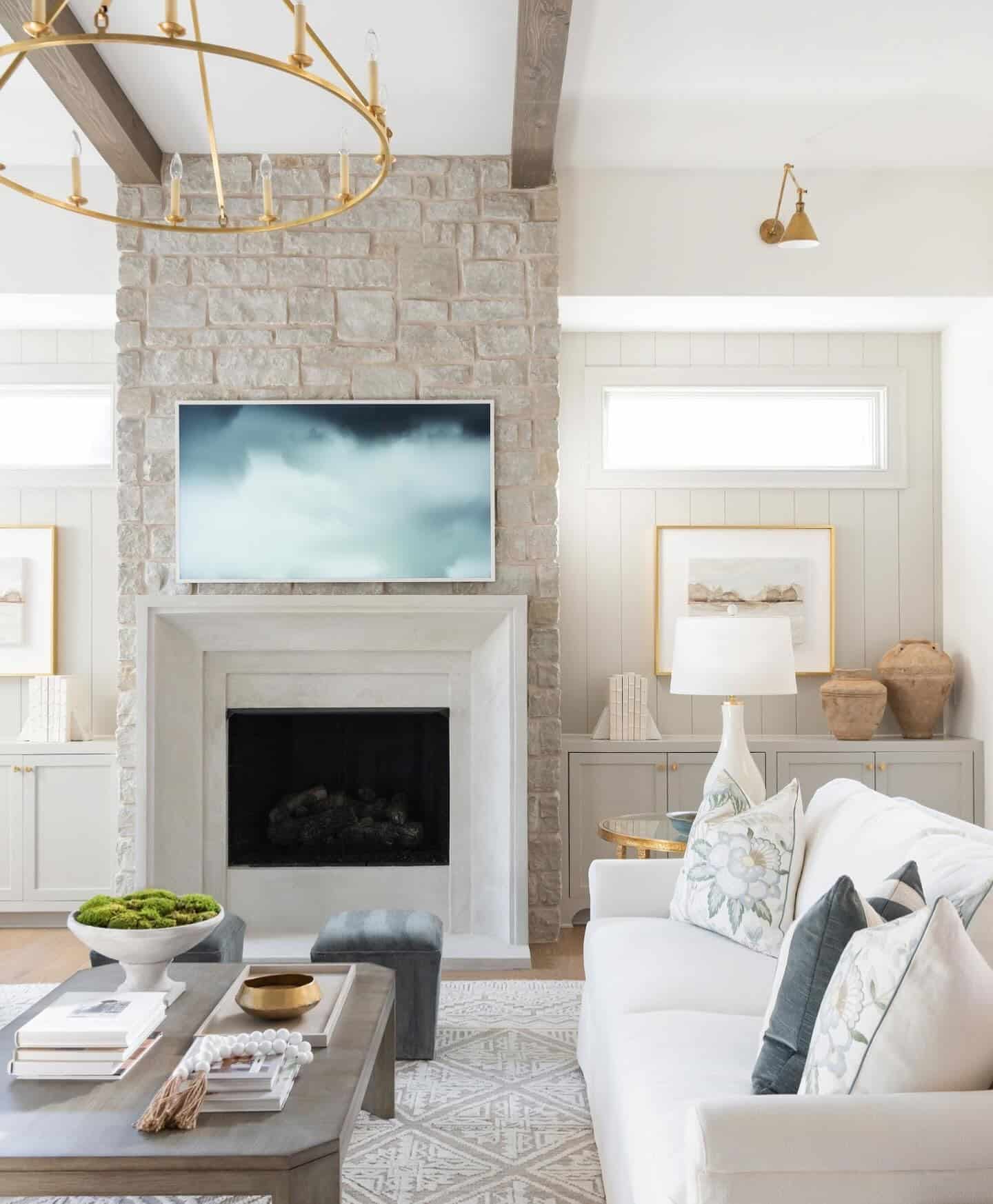 10. Fresh Neutrals with Gentle Stone Texture - stone fireplace living room ideas