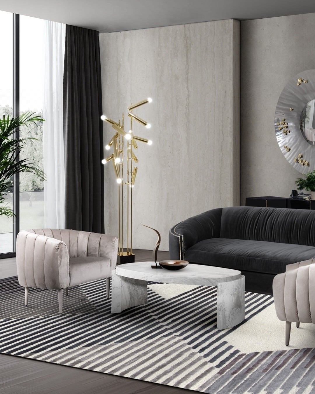 1. Luxe Contrast with Metallic Accents - grey floor living room ideas