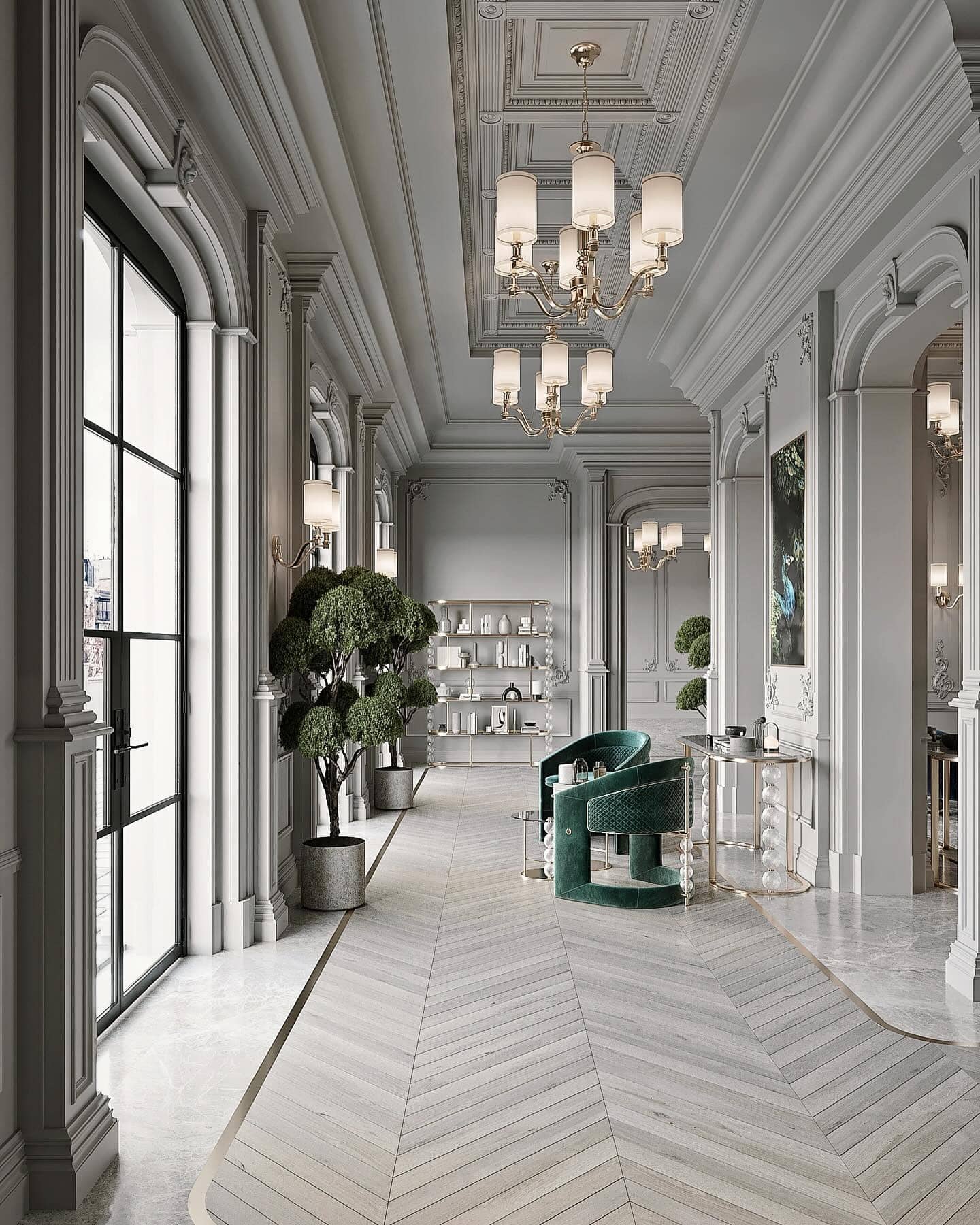 5. Grand Elegance with Classical Detailing - grey floor living room ideas