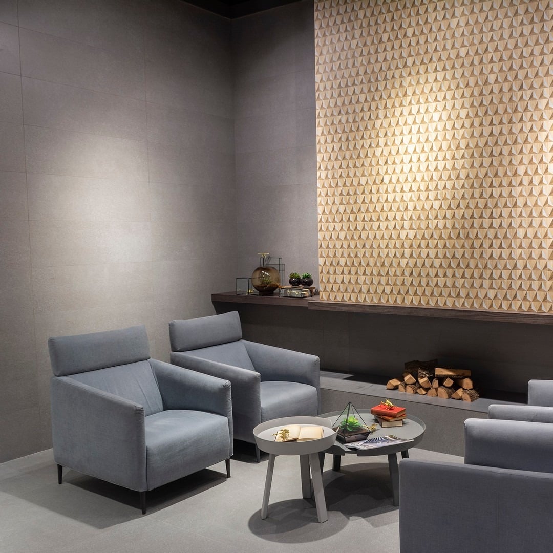 8. Contemporary Texture with Geometric Walls - grey floor living room ideas