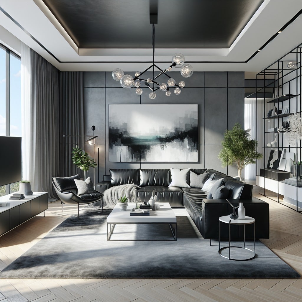 20. High-Contrast Style with Structured Design - grey floor living room ideas