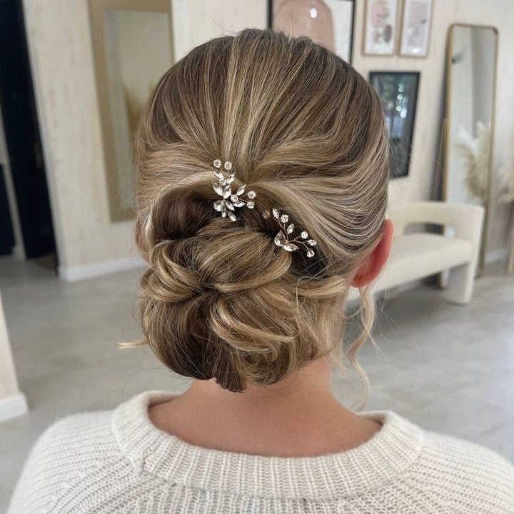 7. Refined Low Bun with Crystal Pins β Ash Blonde - Bride Hairstyles
