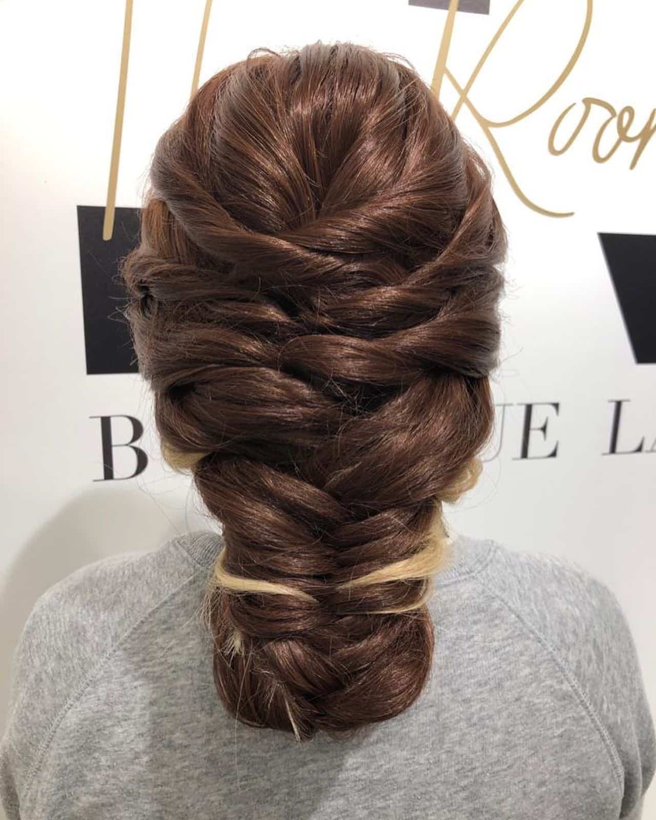 8. Braided Low Bun β Warm Chestnut with Blonde Ribbon Detail - Bride Hairstyles