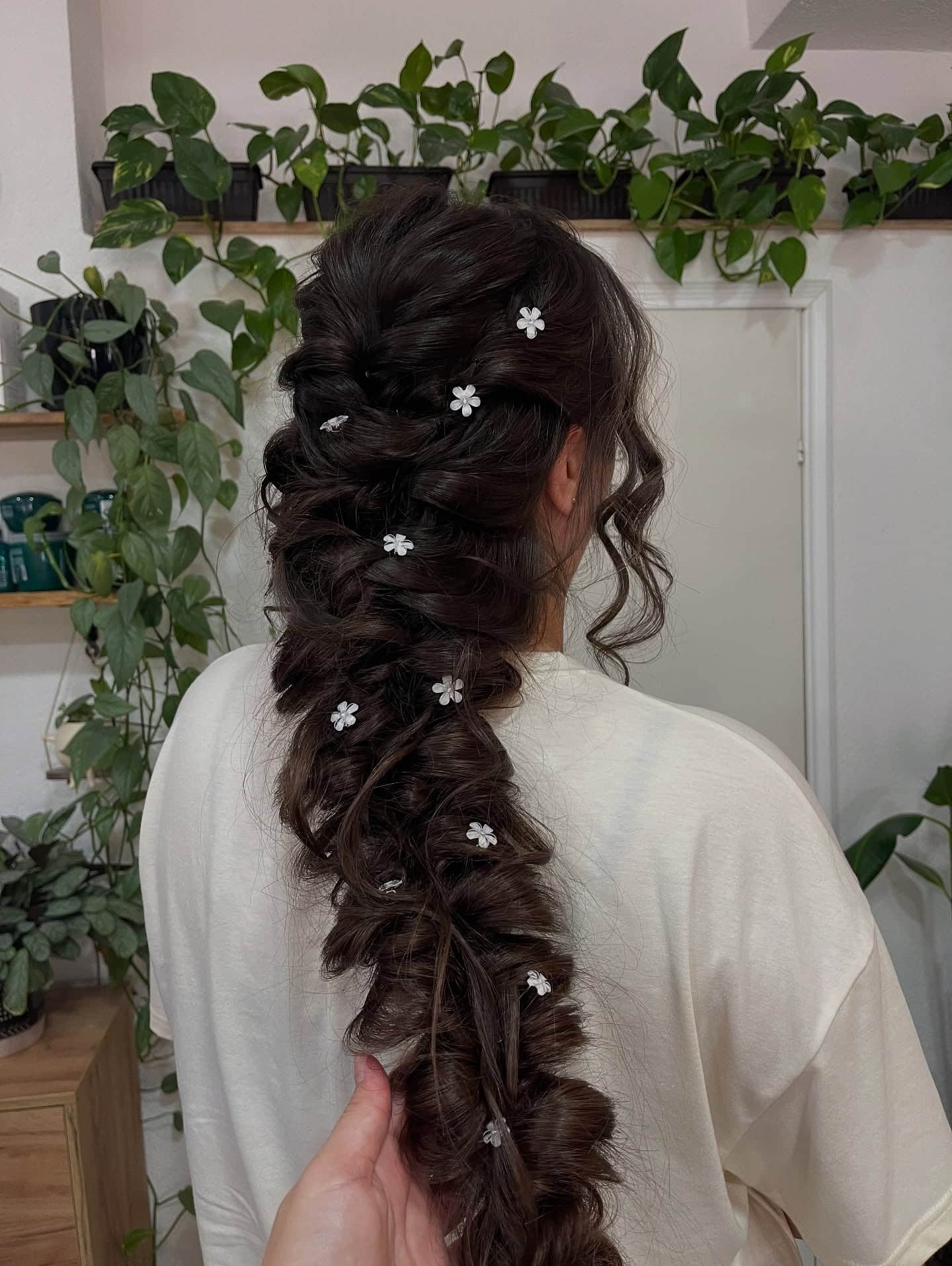 10. Voluminous Braided Ponytail with Blossoms β Dark Chocolate Brown - Bride Hairstyles