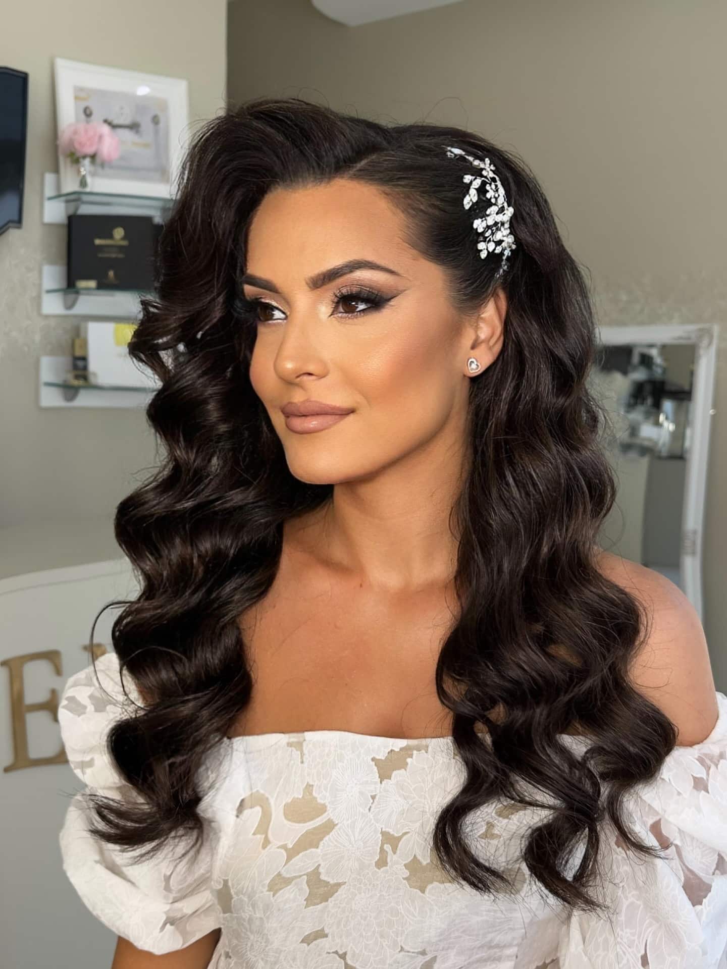 16. Hollywood Waves with Side Crystal Clip β Deep Espresso - Bride Hairstyles