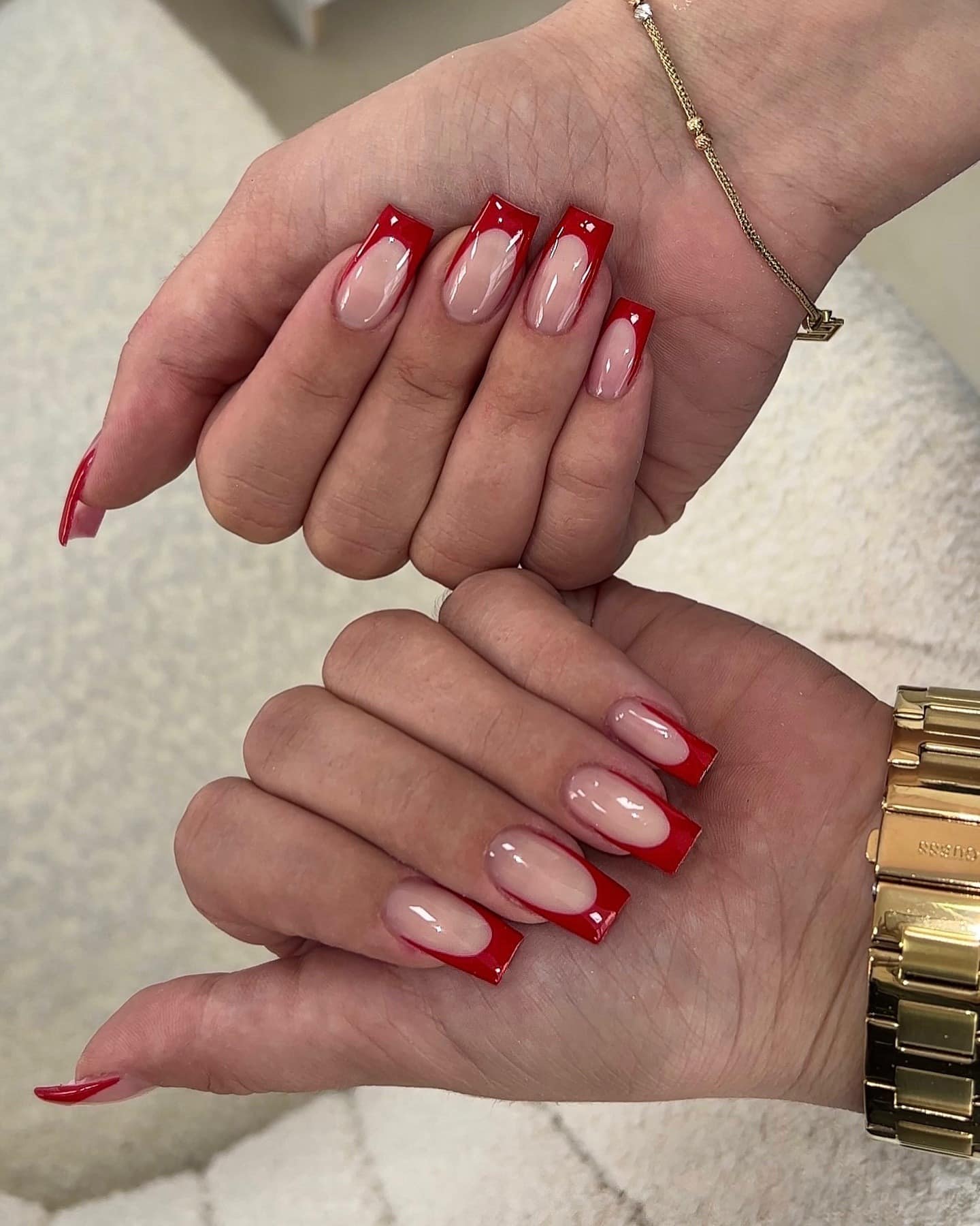1. Bold Square Red French Tips - red french tip nail ideas