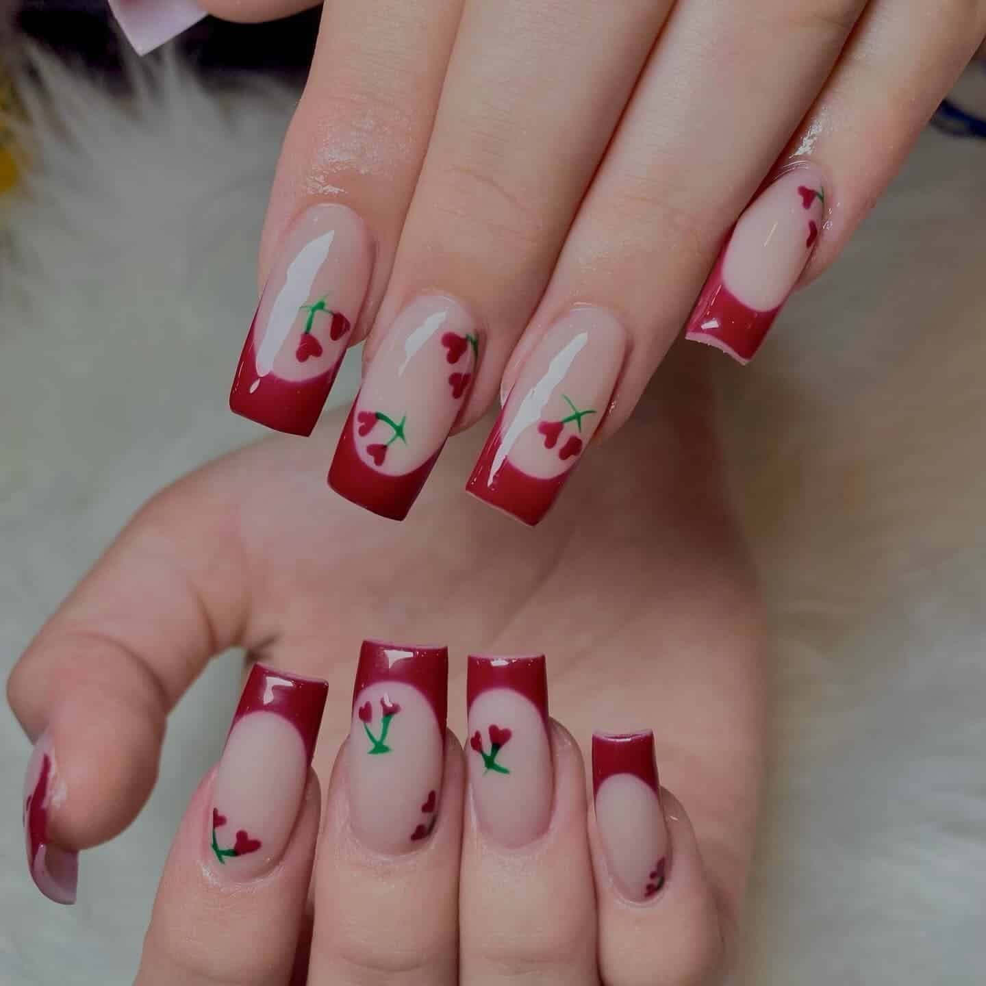 5. Cherry-Inspired Red French Tips - red french tip nail ideas