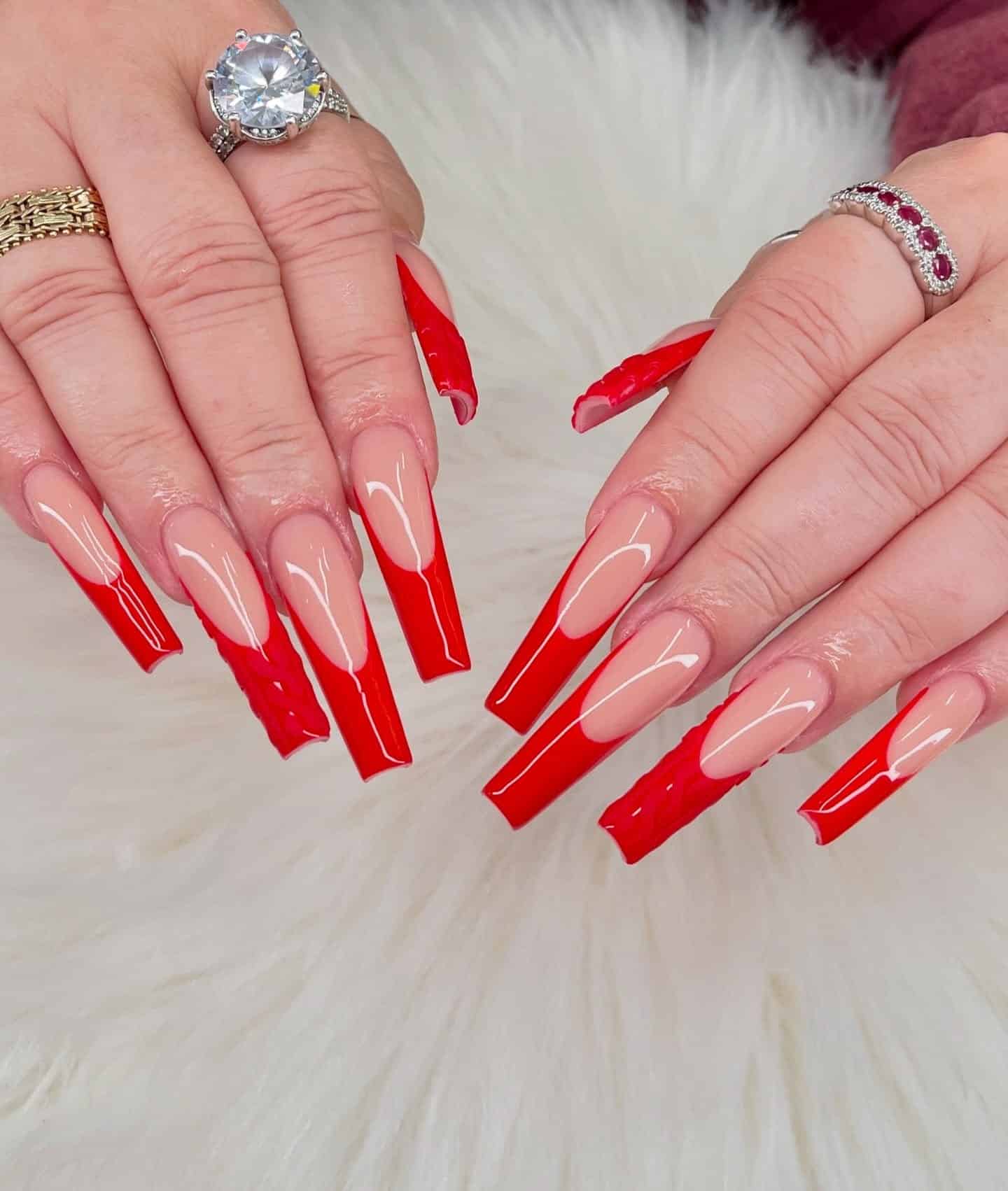 10. Long Sculpted Red French Tips - red french tip nail ideas