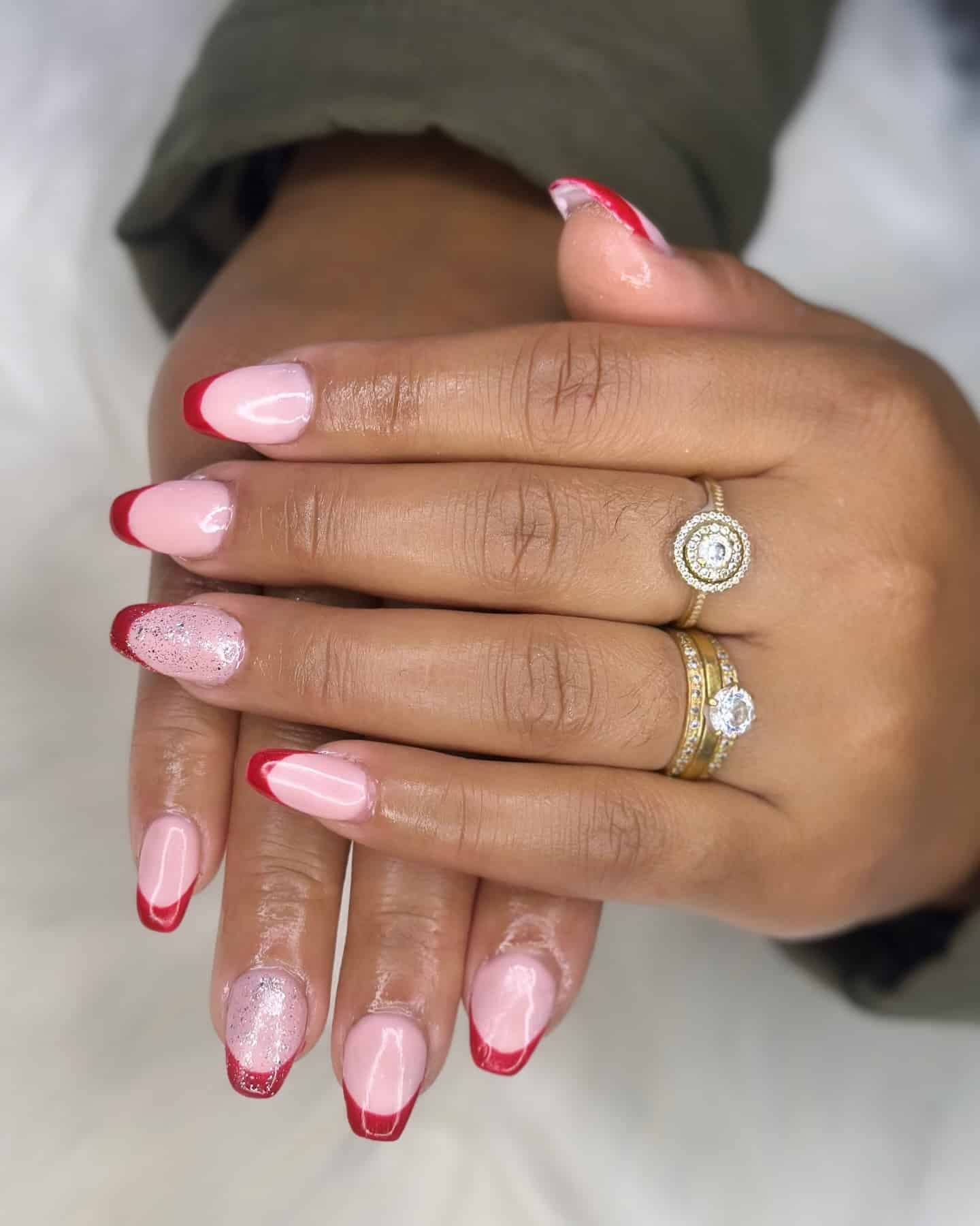 15. Glittered Red French Tips - red french tip nail ideas