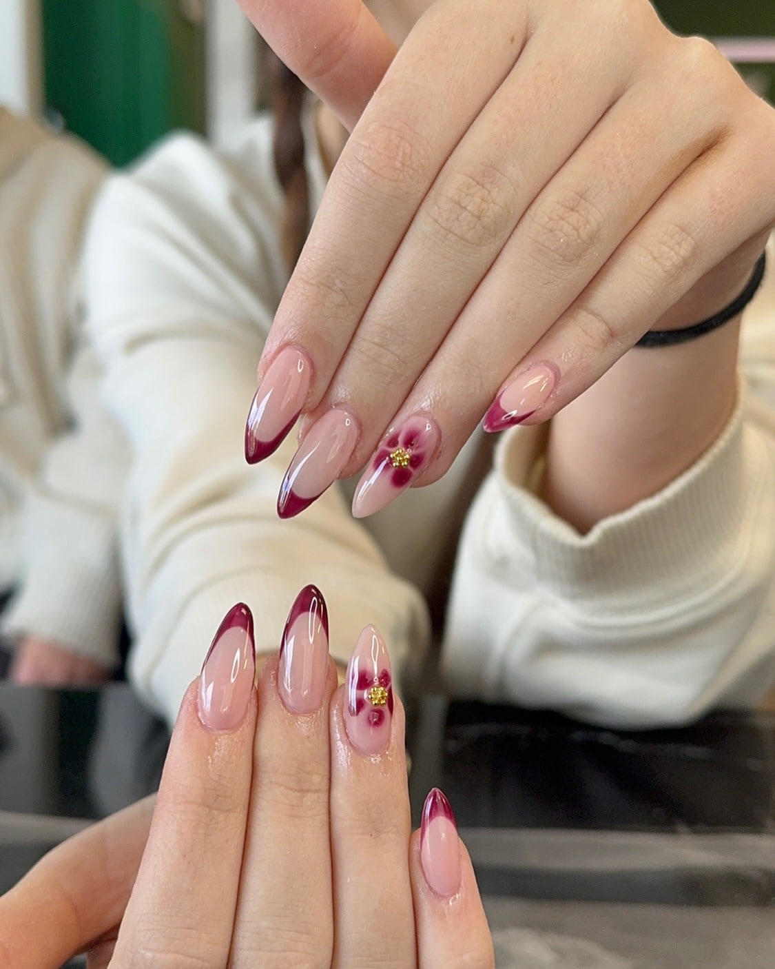 16. Red French Tips with Floral Accent - red french tip nail ideas