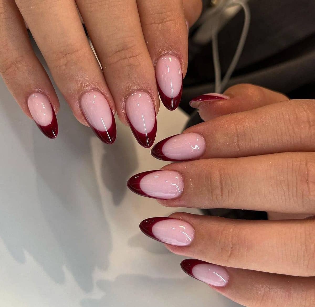 20. Dark Cherry Red French Tips - red french tip nail ideas