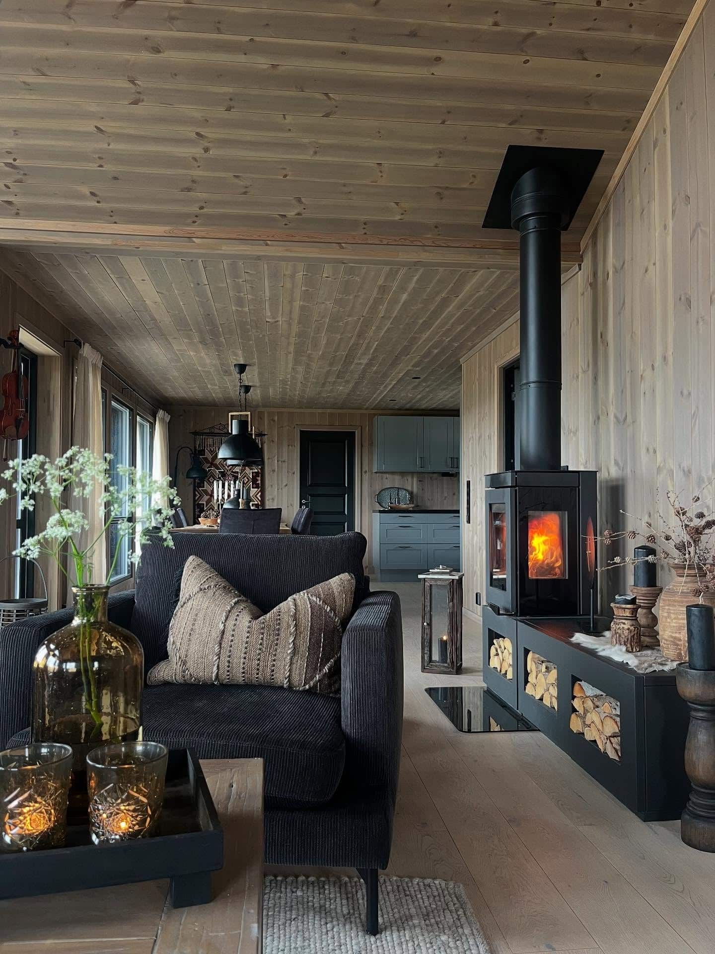 13. Scandinavian Warmth with Dark Accents - cabin living room ideas